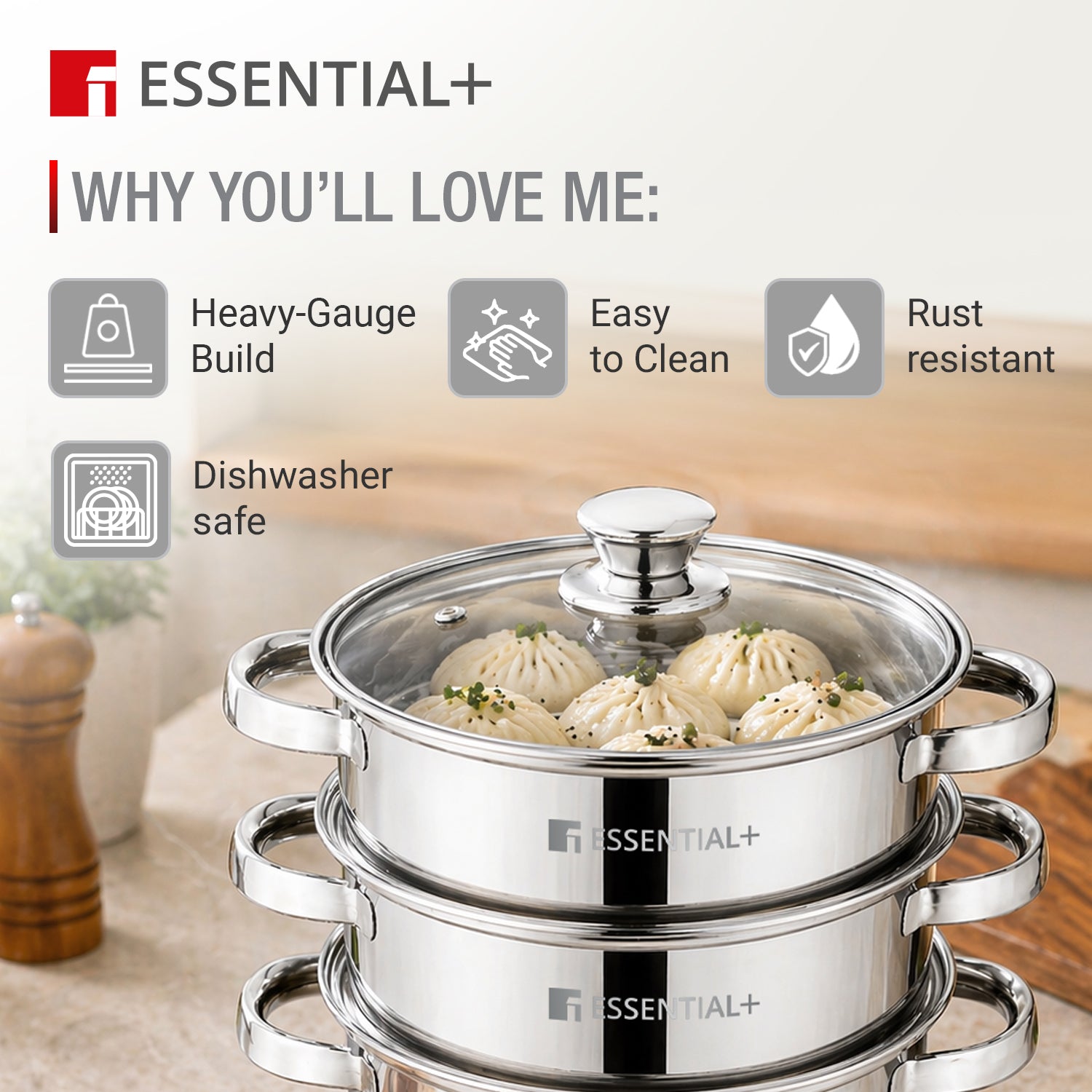 Essential Plus Stainless Steel 3 Tier Steamer with Glass Lid (20cm)