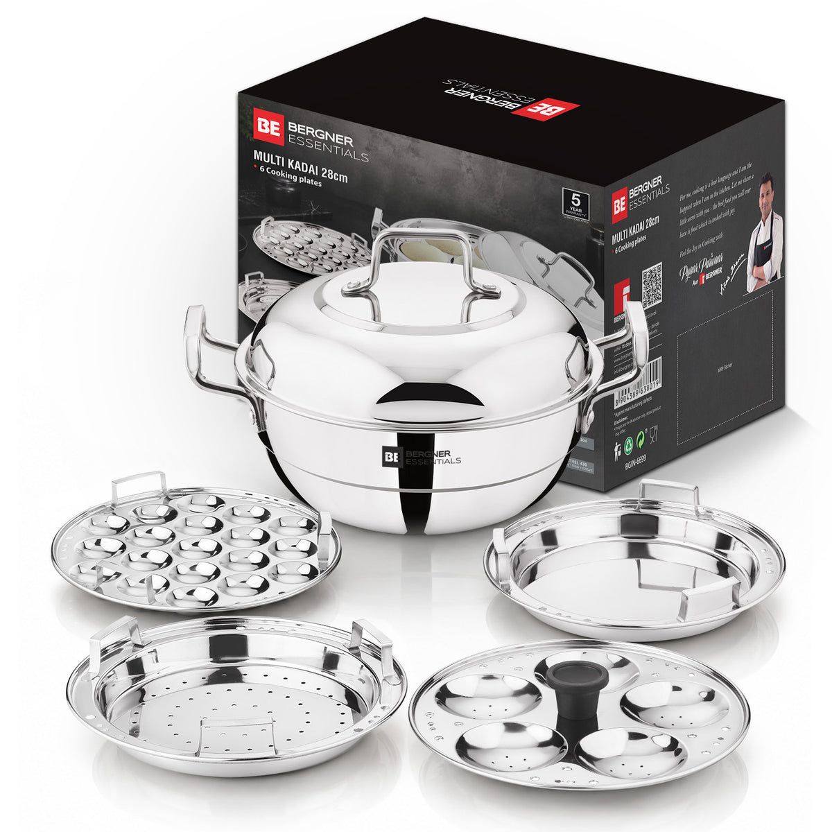 BE Essentials Triply Stainless Steel Multi Kadai 28cm (5.5L) with Lid & 6 Plates