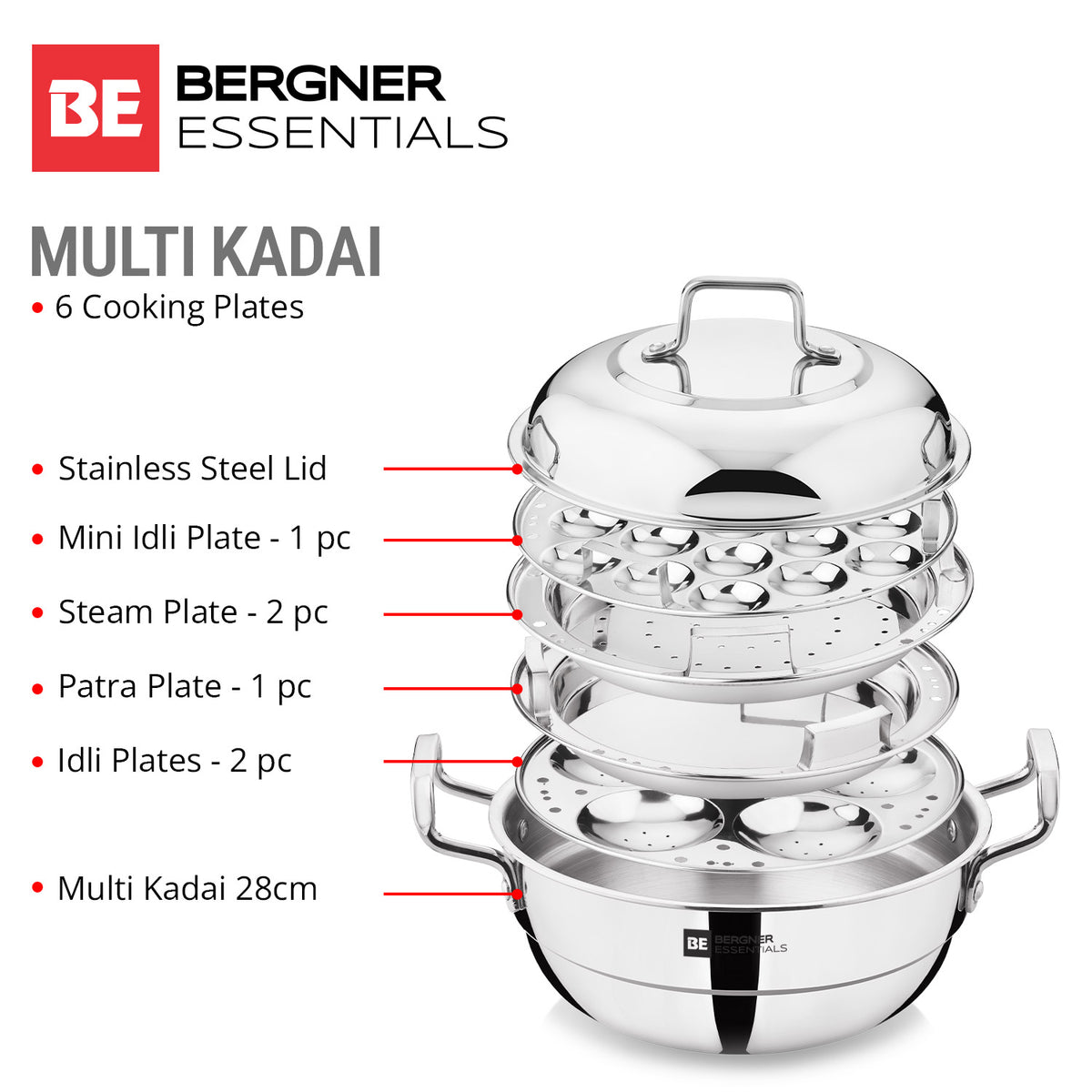 BE Essentials Triply Stainless Steel Multi Kadai 28cm (5.5L) with Lid & 6 Plates