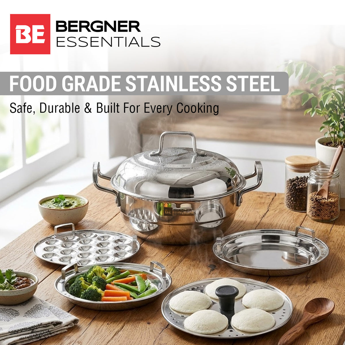BE Essentials Triply Stainless Steel Multi Kadai 28cm (5.5L) with Lid & 6 Plates