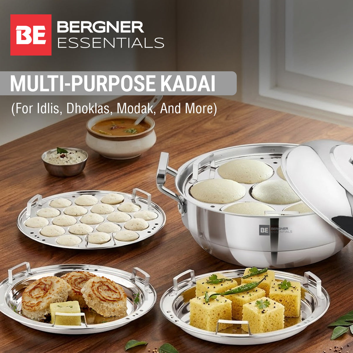 BE Essentials Triply Stainless Steel Multi Kadai 28cm (5.5L) with Lid & 6 Plates