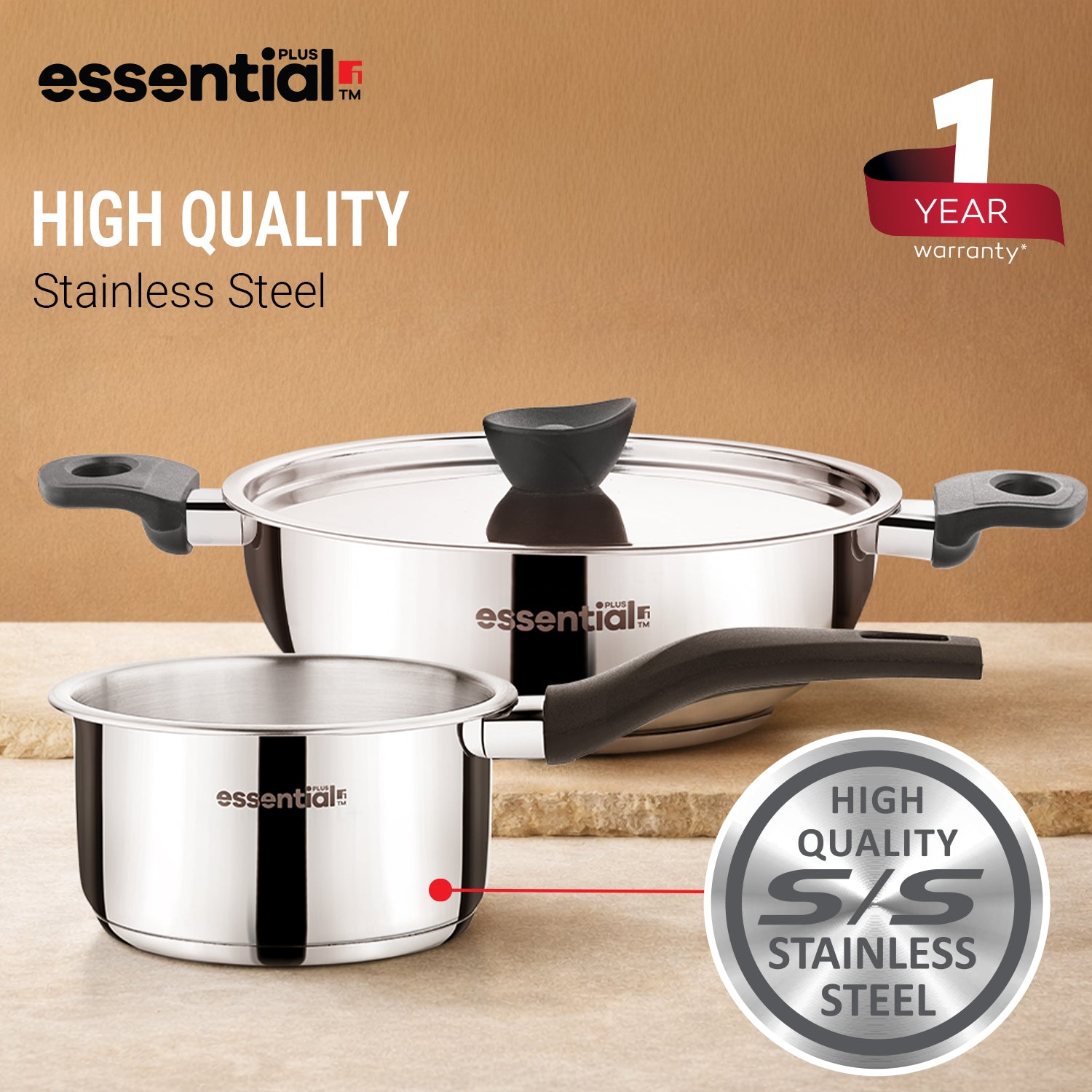 Essential Plus Stainless Steel 3 Pcs Cookware Set
