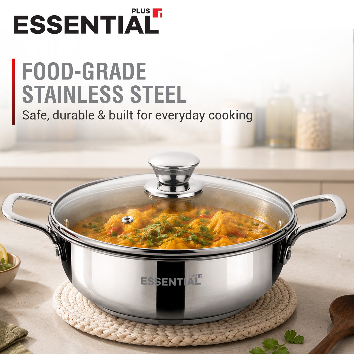 Essential Plus Stainless Steel Kadai with Glass Lid, 24cm (2.8 L)