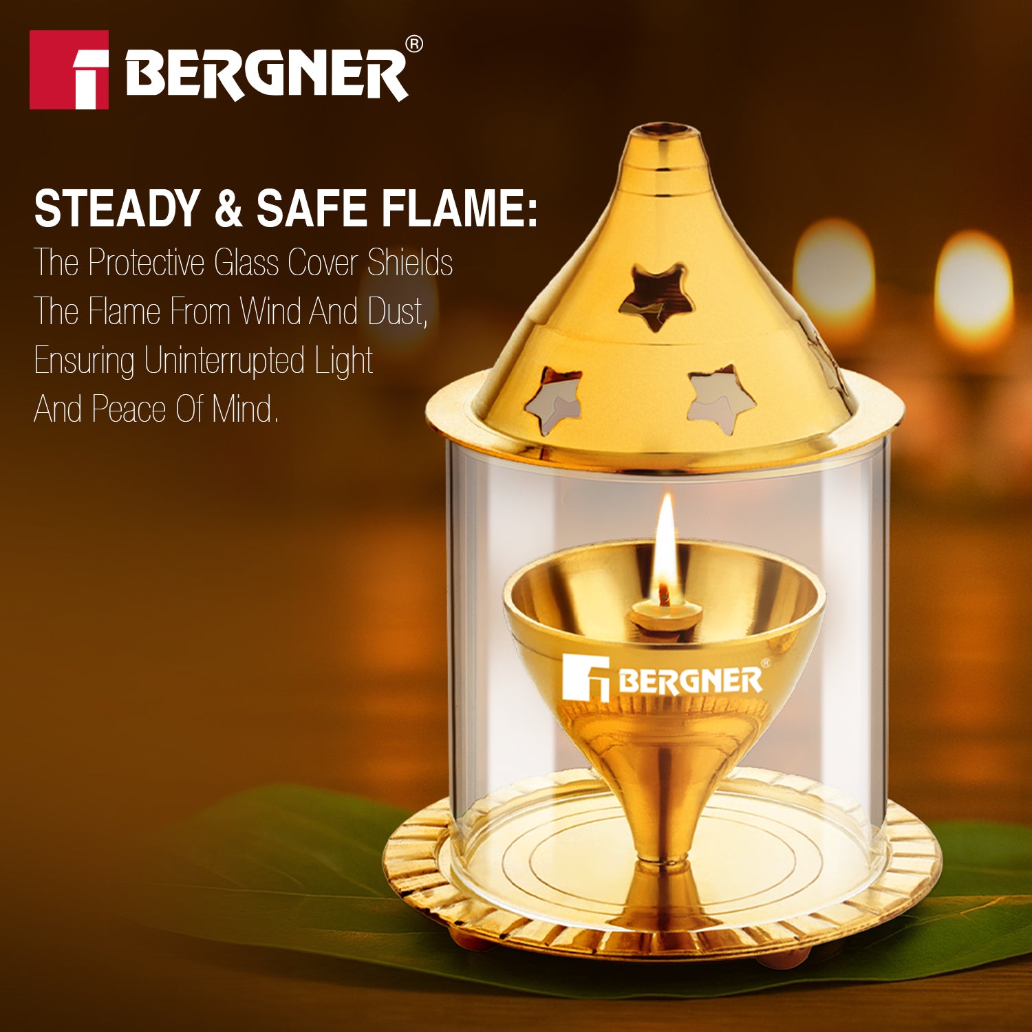 Bergner Anant Brass Akhand Diya with Borosilicate Glass Cover Shield (Small)
