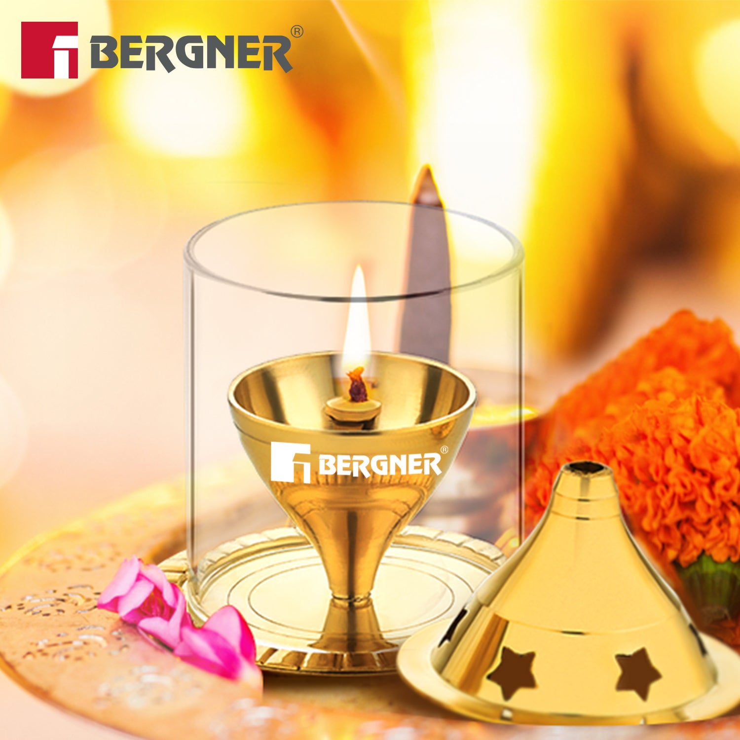 Bergner Anant Brass Akhand Diya with Borosilicate Glass Cover Shield (Small)