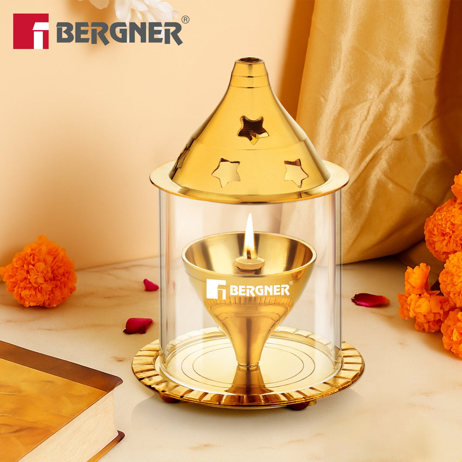 Bergner Anant Brass Akhand Diya with Borosilicate Glass Cover Shield (Small)