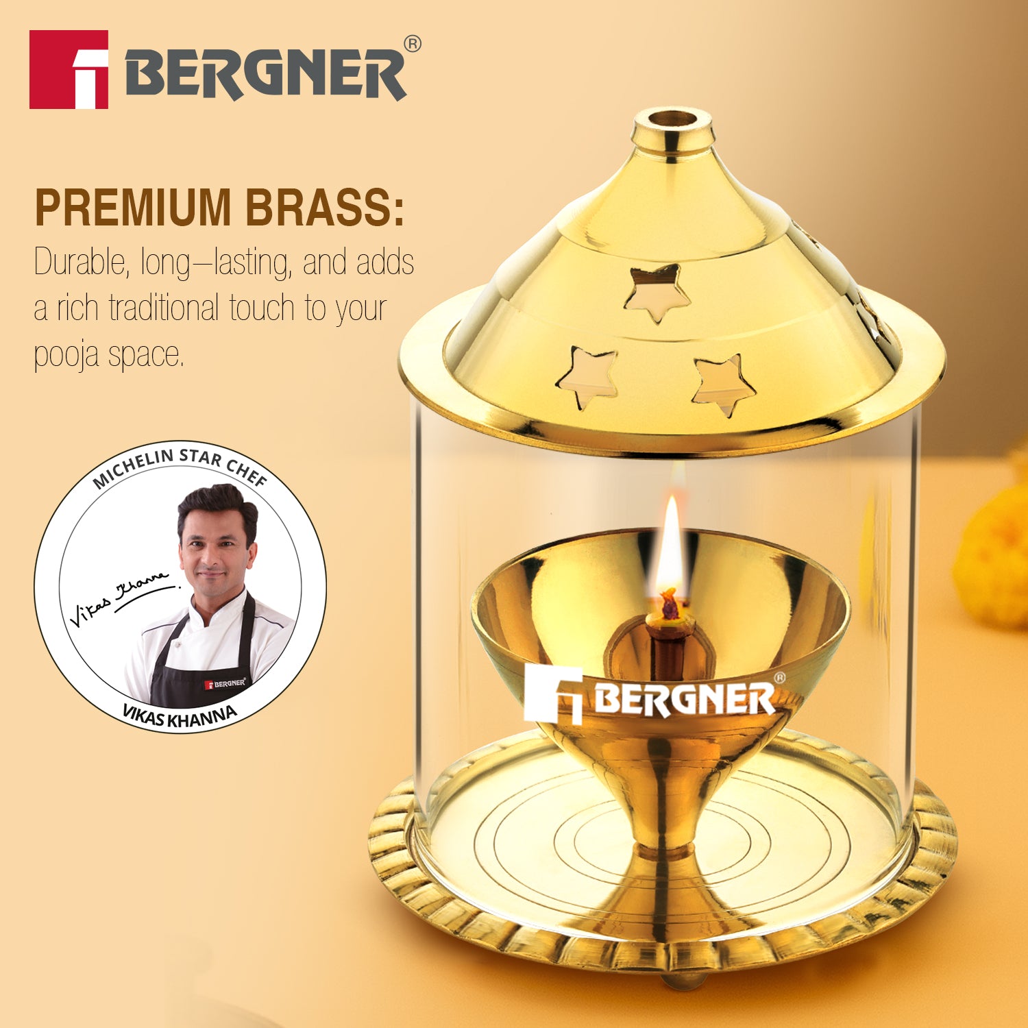 Bergner Anant Brass Akhand Diya with Borosilicate Glass Cover Shield (Medium)