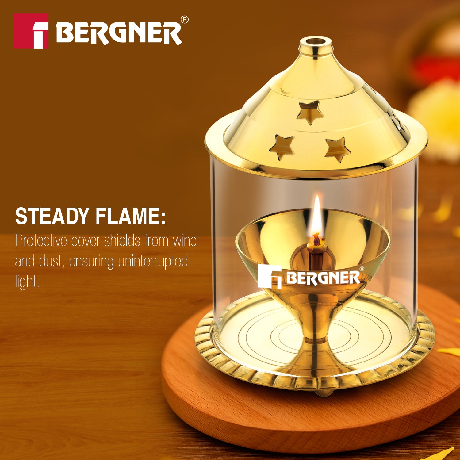 Bergner Anant Brass Akhand Diya with Borosilicate Glass Cover Shield (Medium)