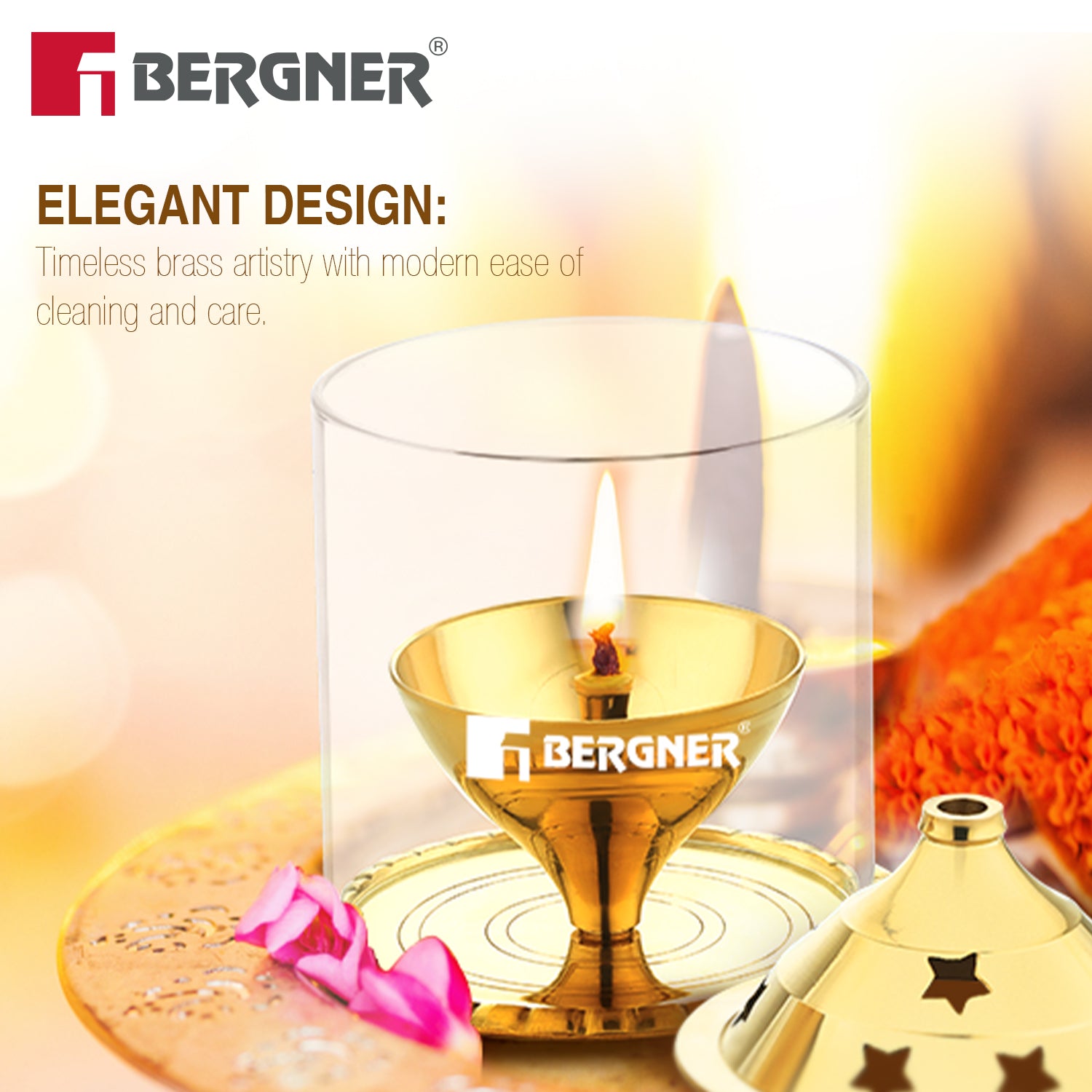 Bergner Anant Brass Akhand Diya with Borosilicate Glass Cover Shield (Medium)