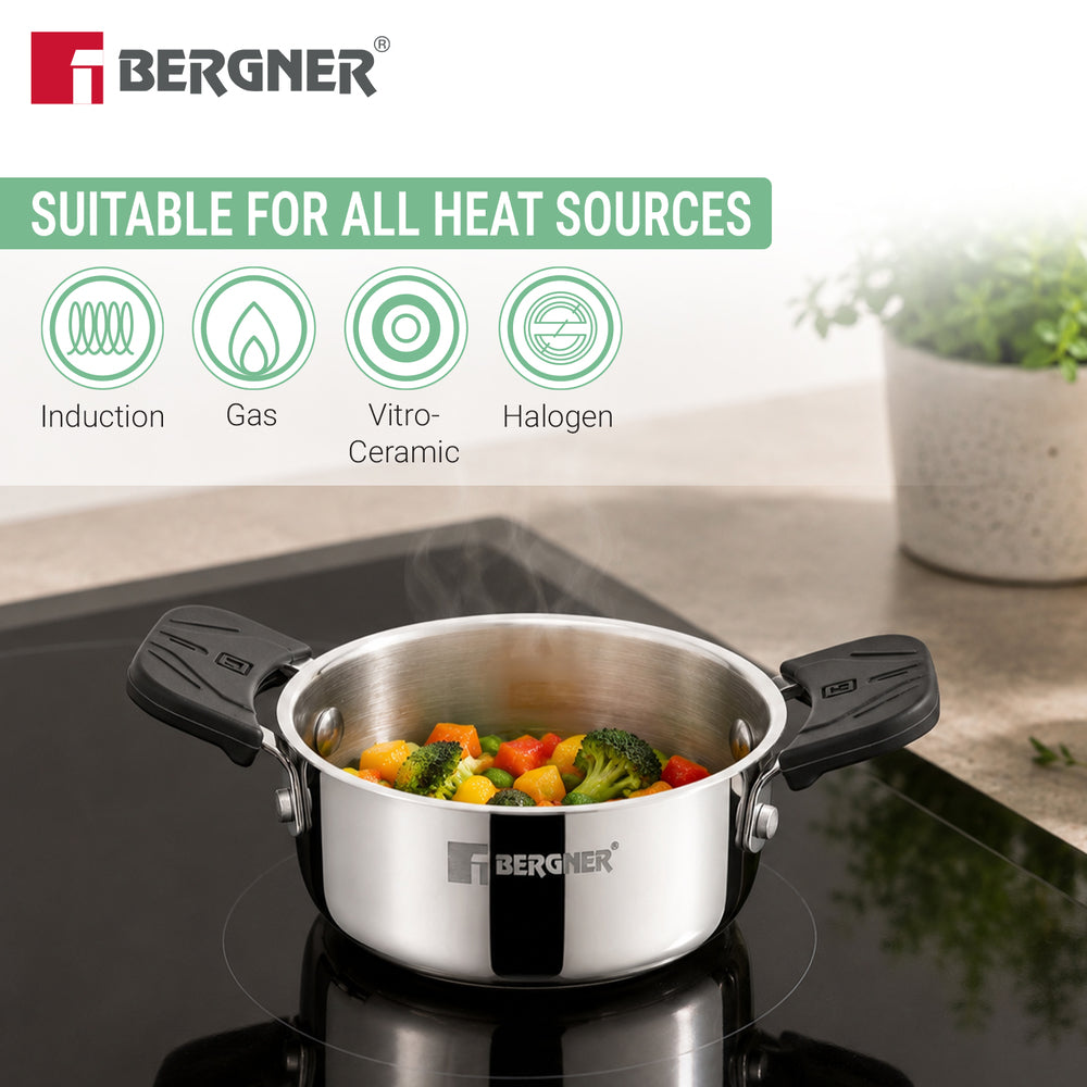 A Bergner stainless steel saucepan with black handles sits on a black induction stovetop, cooking colorful vegetables. The image includes a top banner with text 'SUITABLE FOR ALL HEAT SOURCES' and icons for Induction, Gas, Vitro-Ceramic, and Halogen, with the Bergner brand logo at the top left.