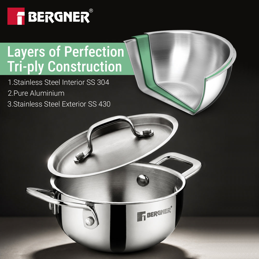 Bergner Tri-Ply stainless steel cookware illustrating three-layer construction: SS 304 interior, pure aluminium core, and SS 430 exterior, with a matching lid and pot.