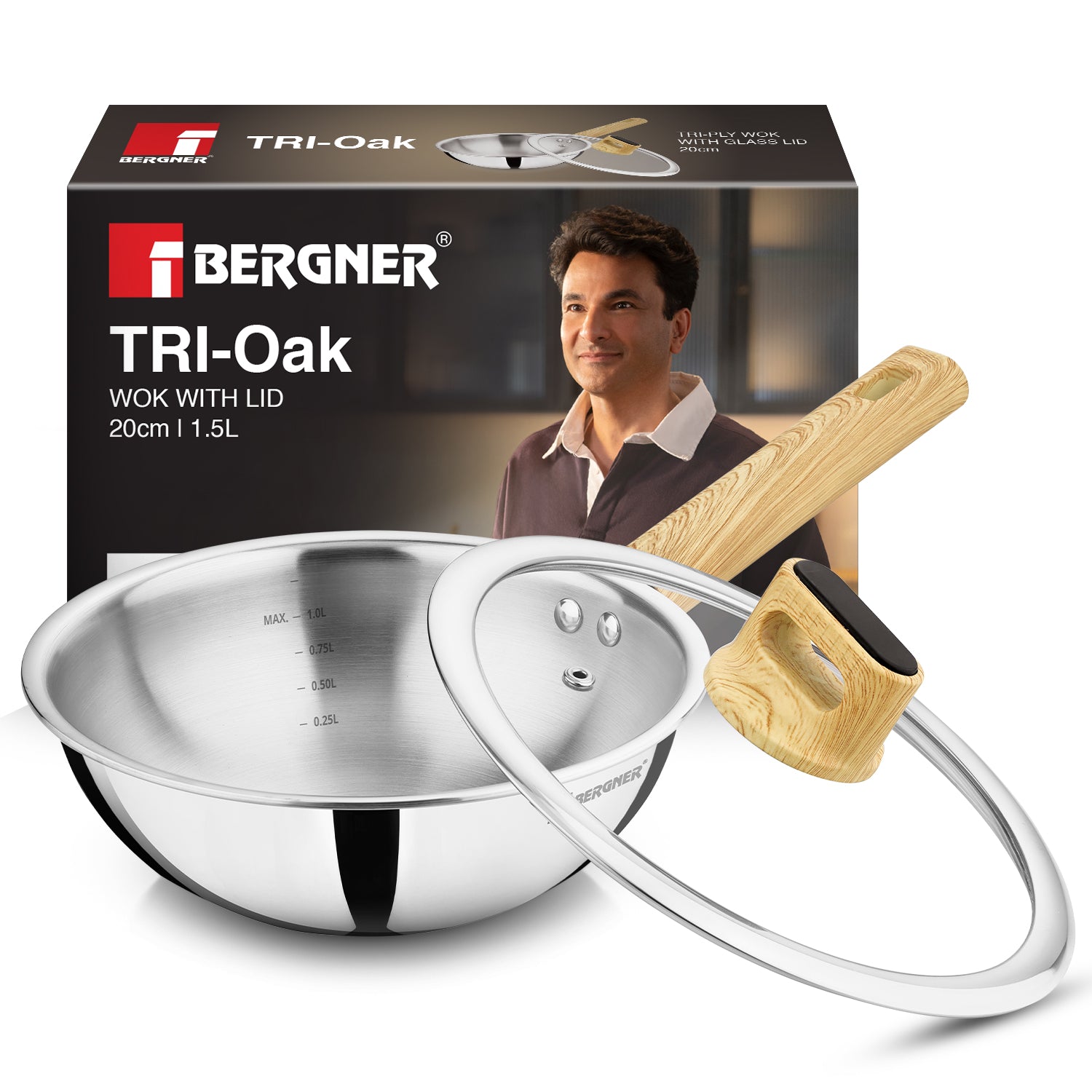 Tri-Oak Triply Stainless Steel Wok with Glass Lid 20cm (1.5L)