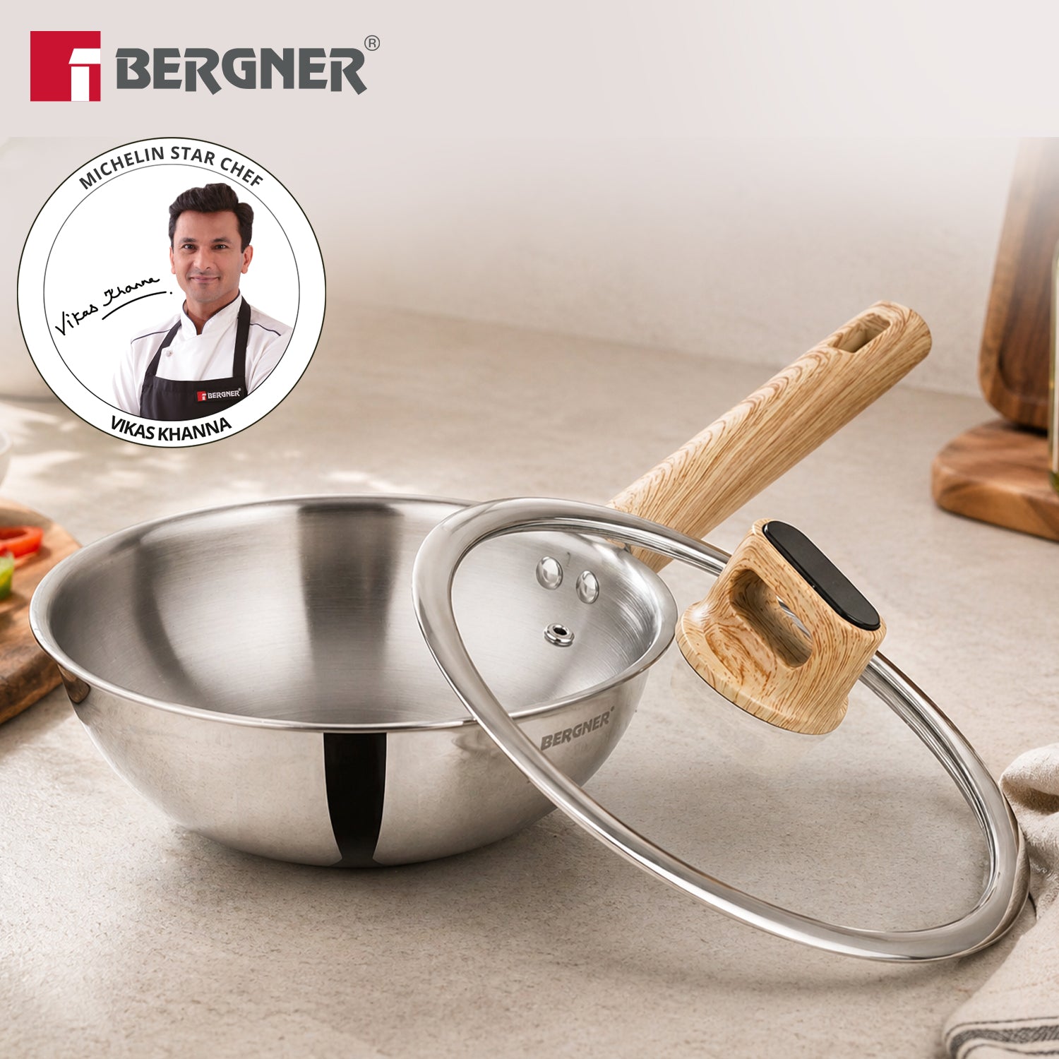Tri-Oak Triply Stainless Steel Wok with Glass Lid 20cm (1.5L)