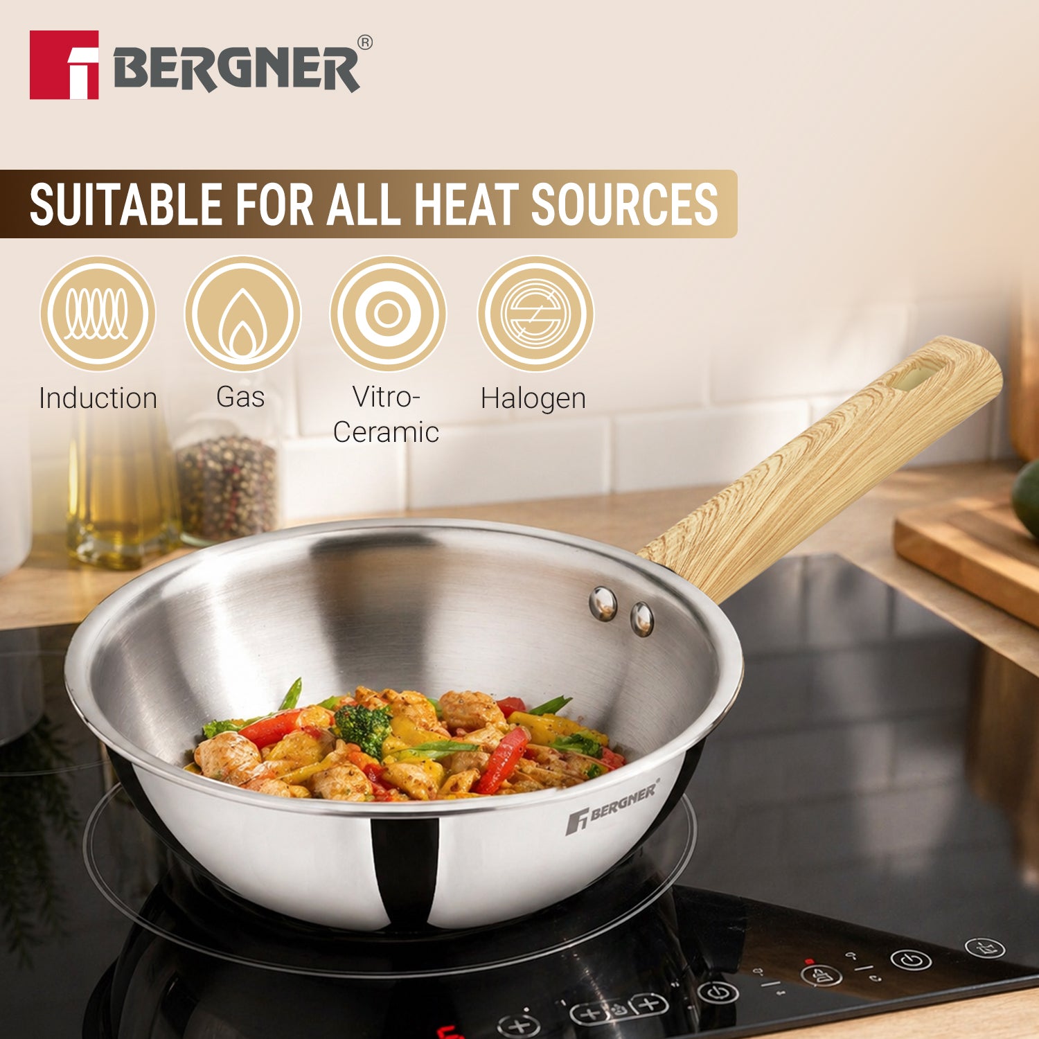 Tri-Oak Triply Stainless Steel Wok with Glass Lid 20cm (1.5L)