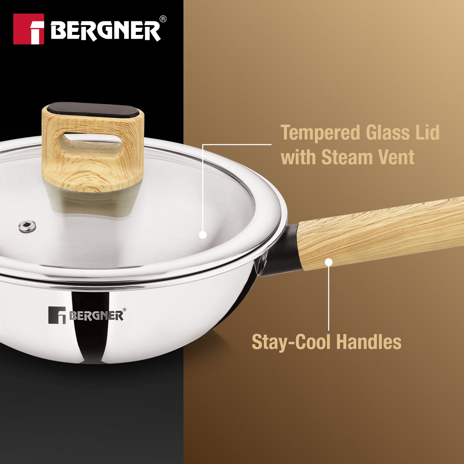 Tri-Oak Triply Stainless Steel Wok with Glass Lid 20cm (1.5L)