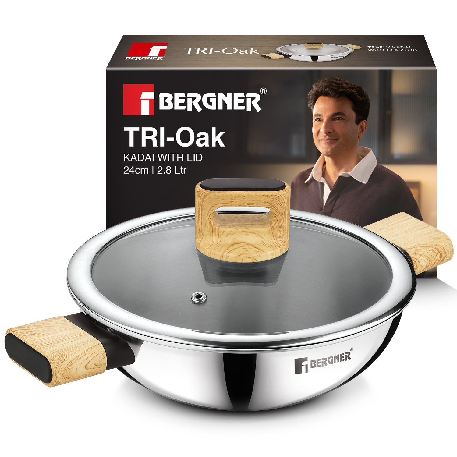 Tri-Oak Triply Stainless Steel Kadai with Glass Lid 24cm (2.1L)