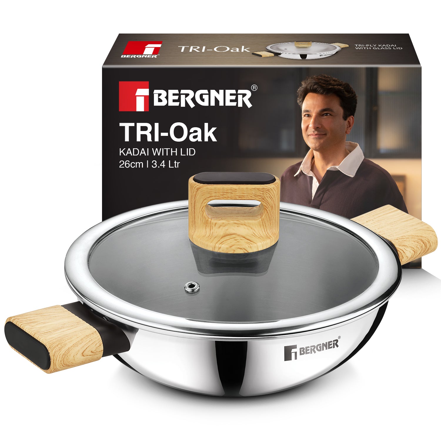 Tri-Oak Triply Stainless Steel Kadai with Glass Lid 26cm (2.85L)
