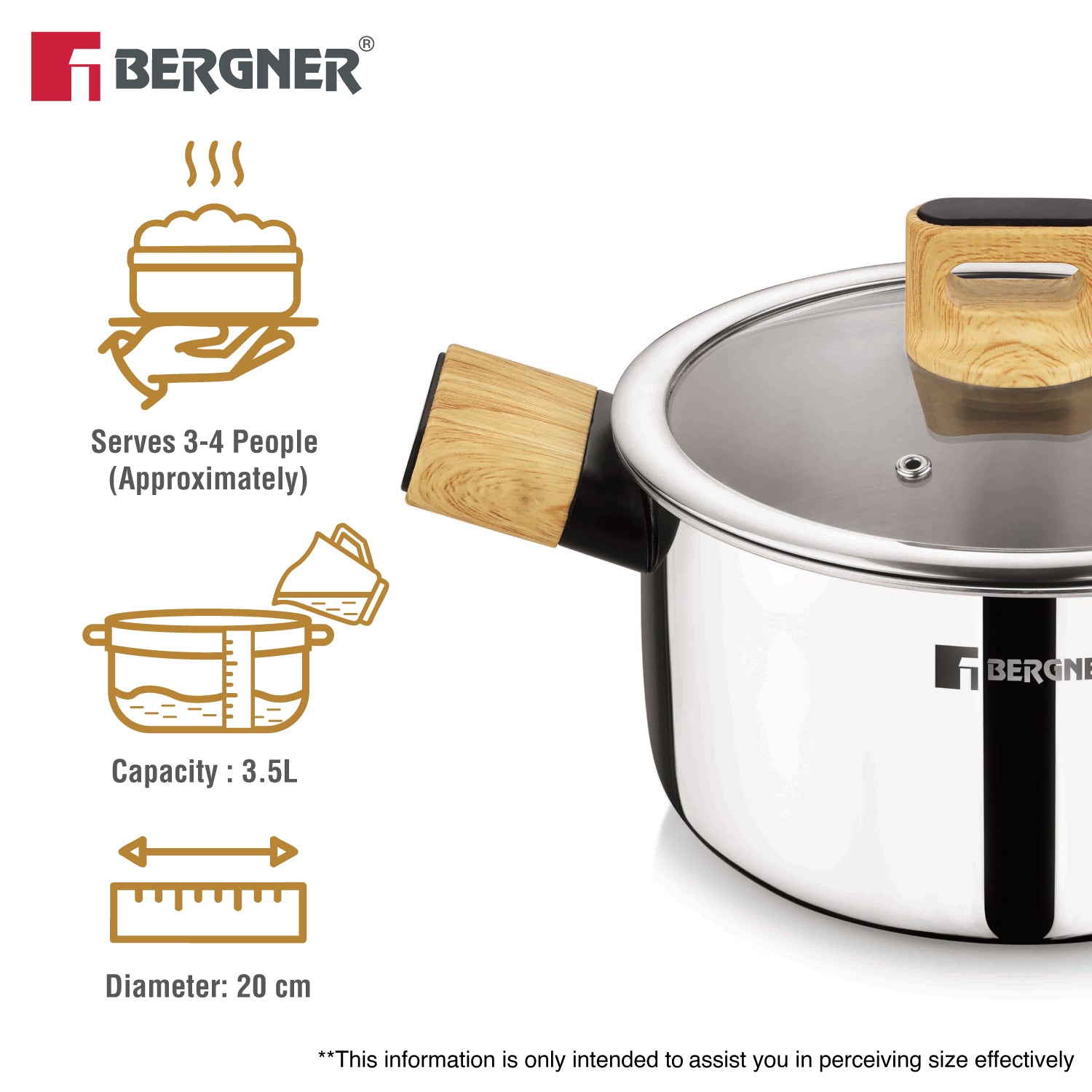 Tri-Oak Triply Stainless Steel Casserole with Glass Lid 20cm (3.5L)