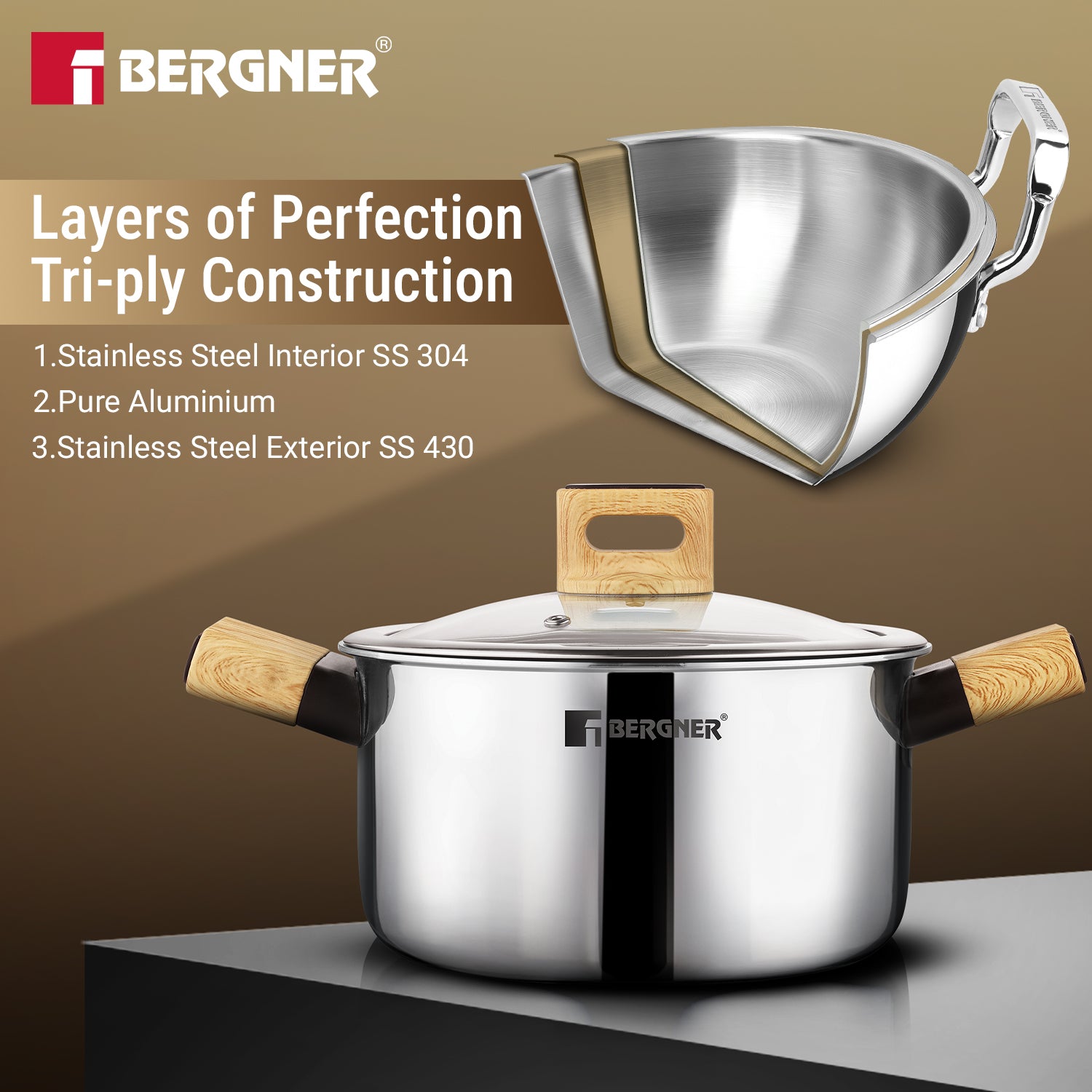 Tri-Oak Triply Stainless Steel Casserole with Glass Lid 20cm (3.5L)
