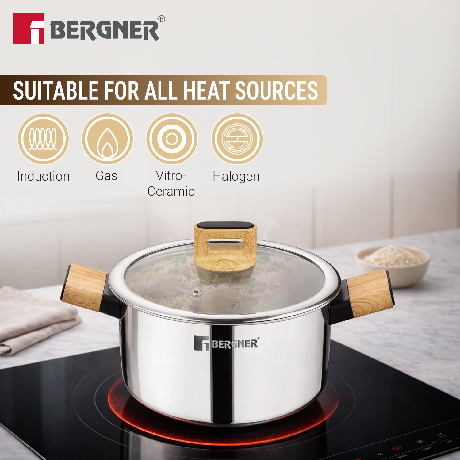 Tri-Oak Triply Stainless Steel Casserole with Glass Lid 24cm (5L)