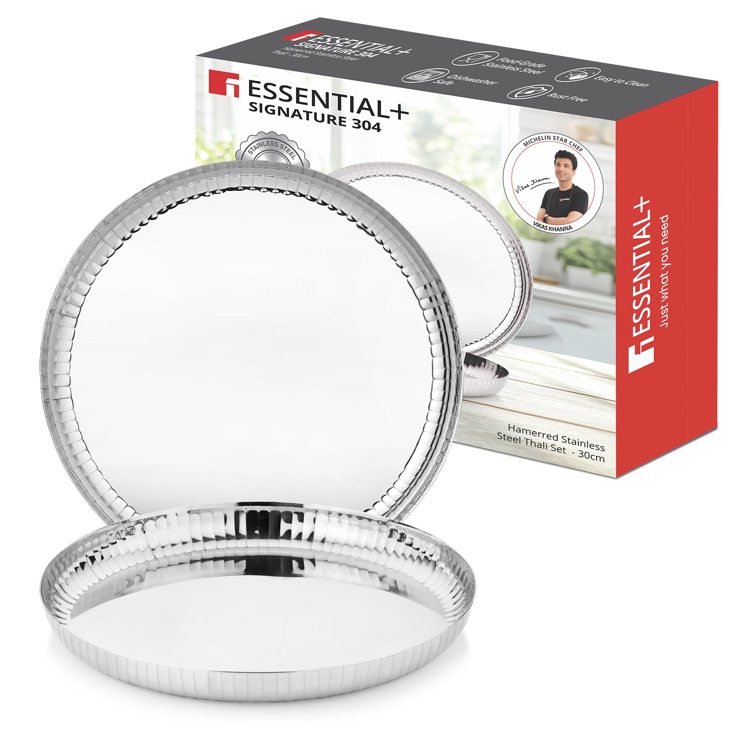 Signature 304 Stainless Steel Traditional 2 Pcs Dinner Plates (Thali) | Hammered Design
