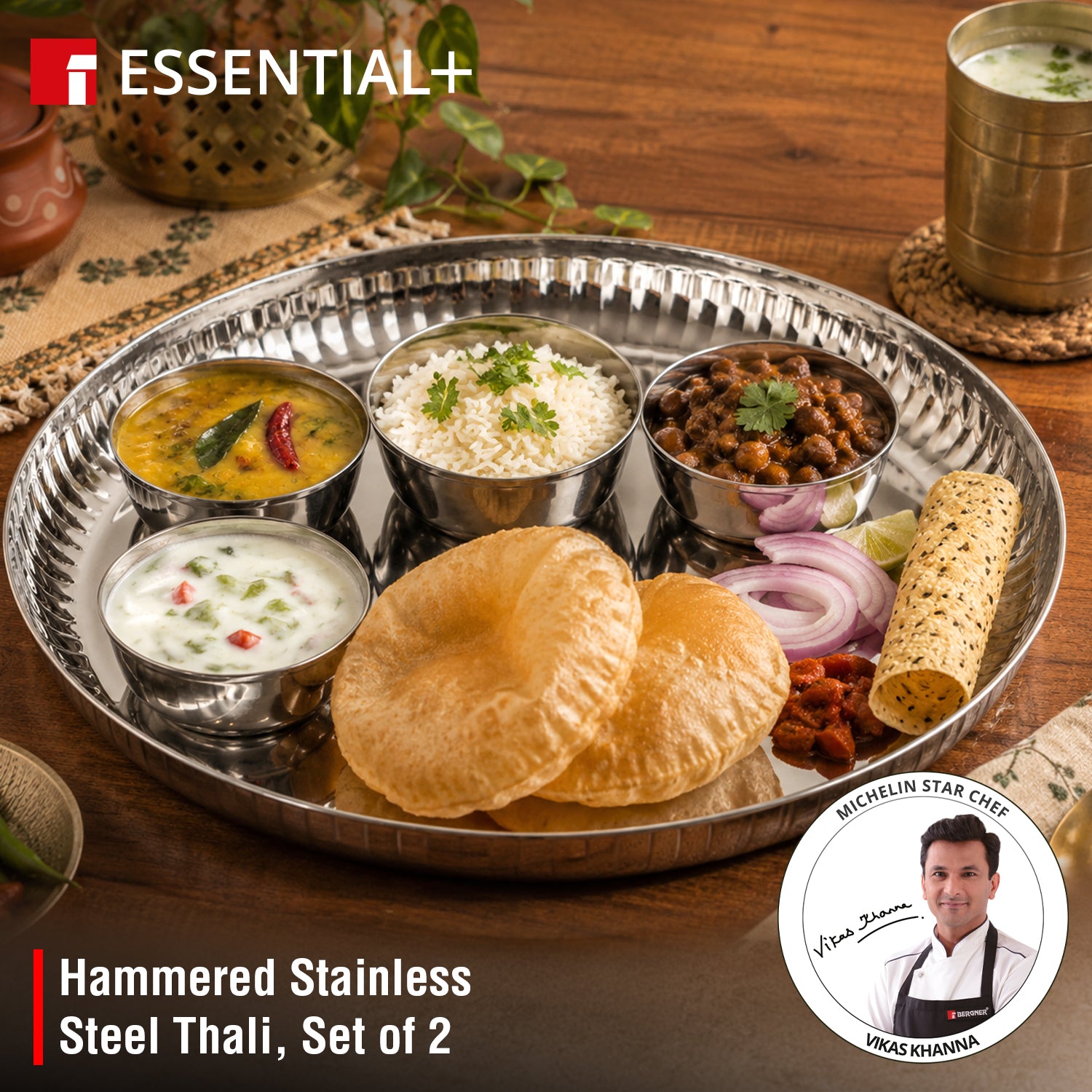 Signature 304 Stainless Steel Traditional 2 Pcs Dinner Plates (Thali) | Hammered Design