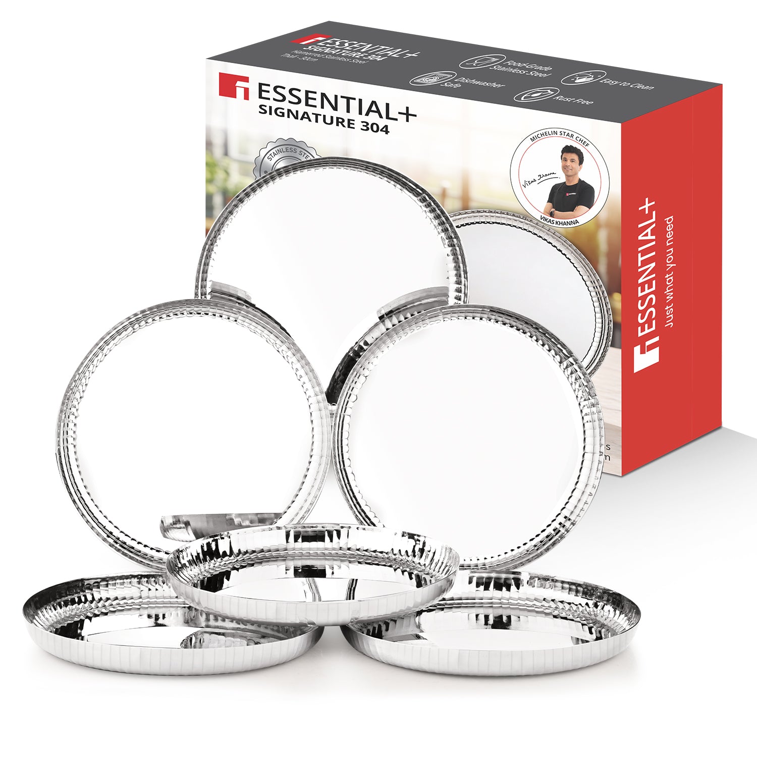 Signature 304 Stainless Steel Traditional 6 Pcs Dinner Plates, Hammered Design