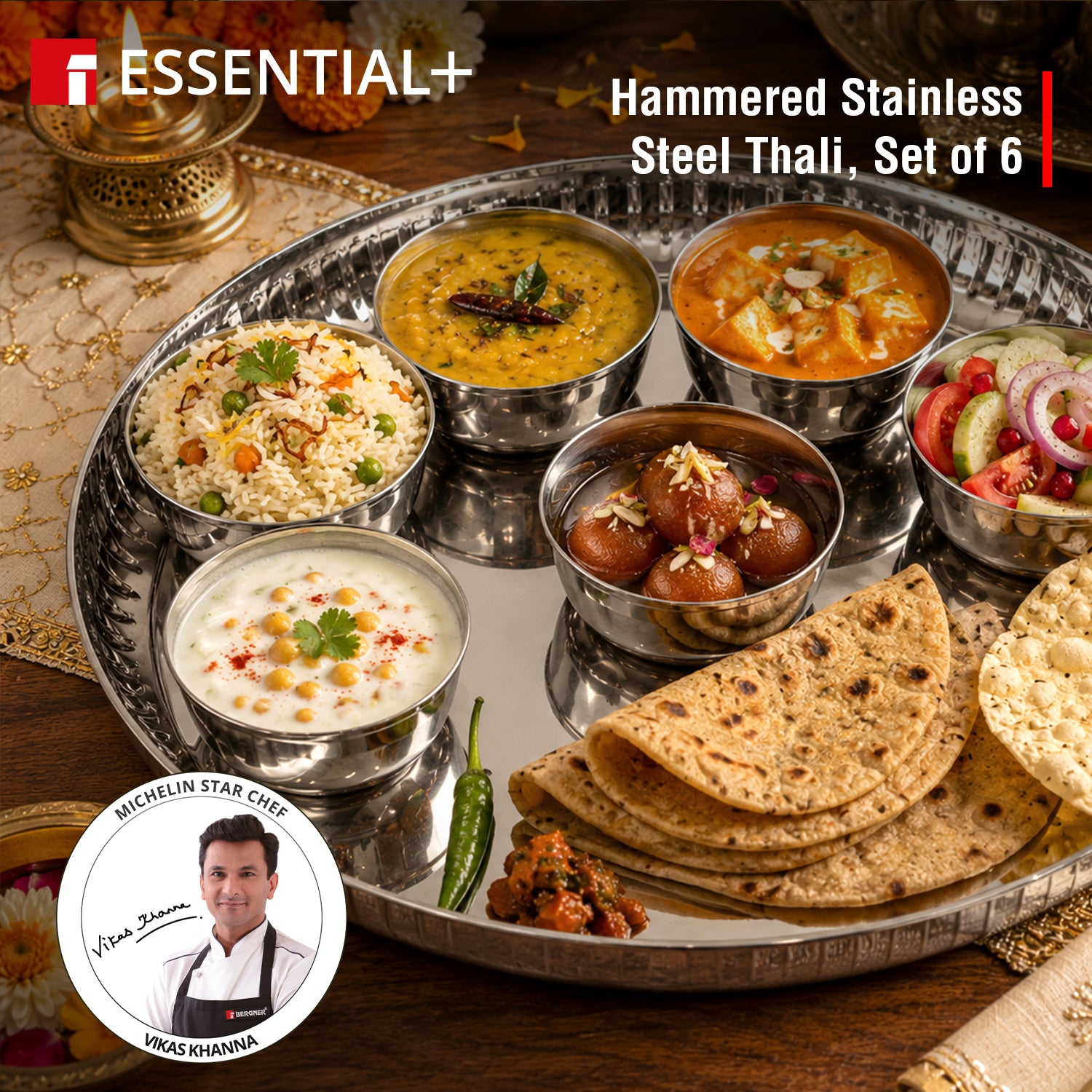 Signature 304 Stainless Steel Traditional 6 Pcs Dinner Plates, Hammered Design