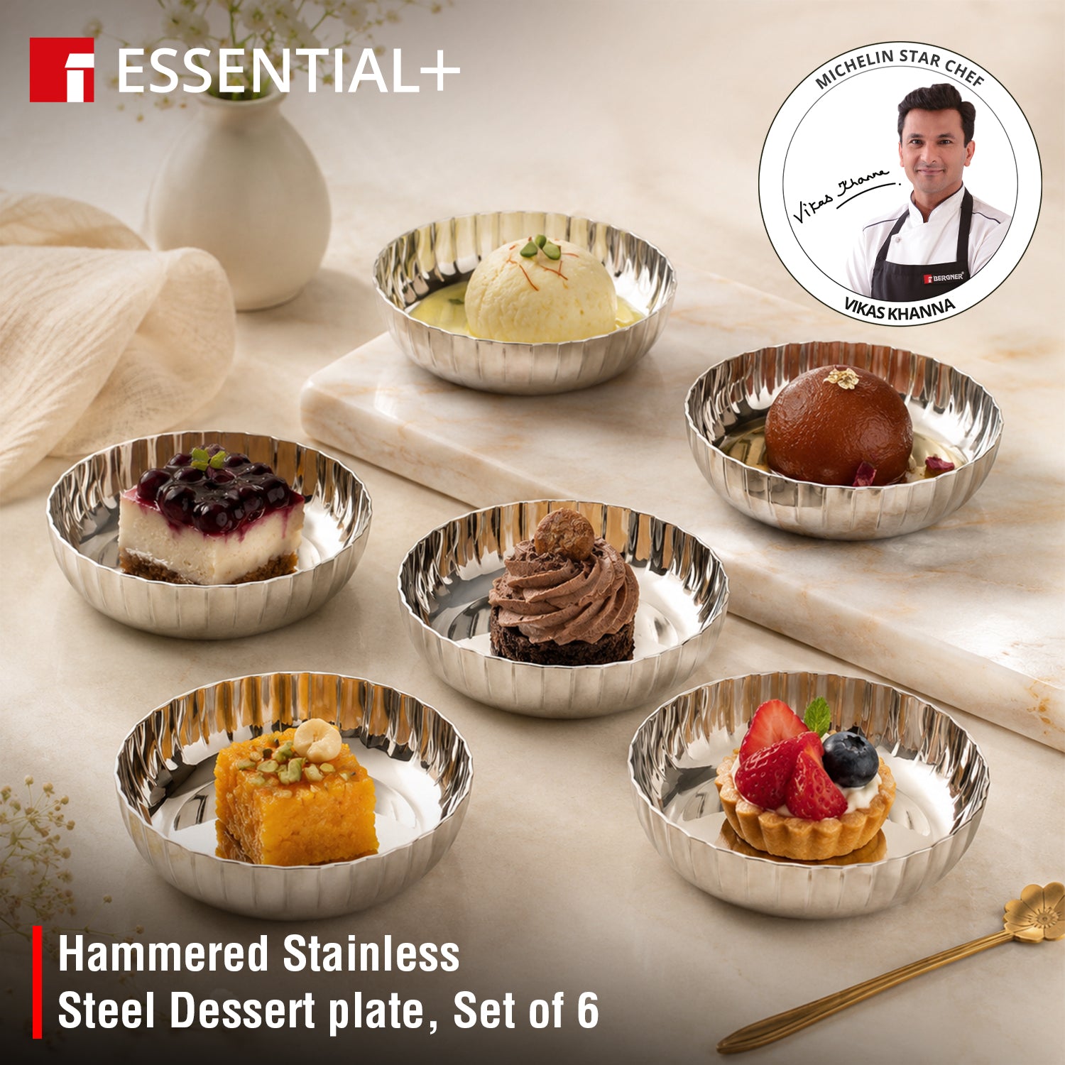 Signature 304 Stainless Steel Hammered Design 6 Pcs Dessert Plates