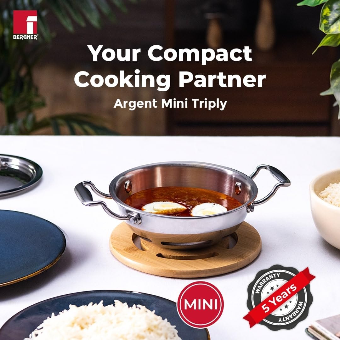 Bergner Argent Junior Chef 5 Pcs TriPly Stainless Steel Set 18cm (1.5L) Kadai with Lid, 18cm Frypan, 12cm (800ml) Saucepan with Lid - Induction Bottom