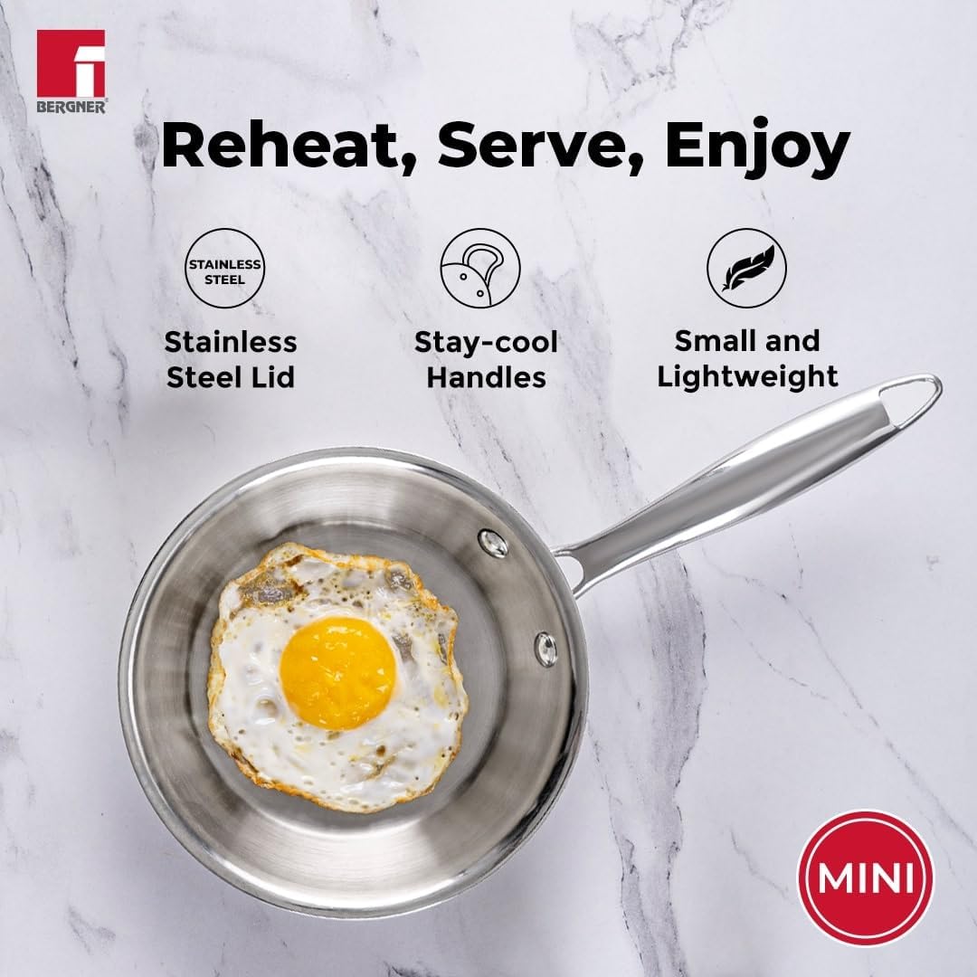 Bergner Argent Junior Chef 5 Pcs TriPly Stainless Steel Set 18cm (1.5L) Kadai with Lid, 18cm Frypan, 12cm (800ml) Saucepan with Lid - Induction Bottom