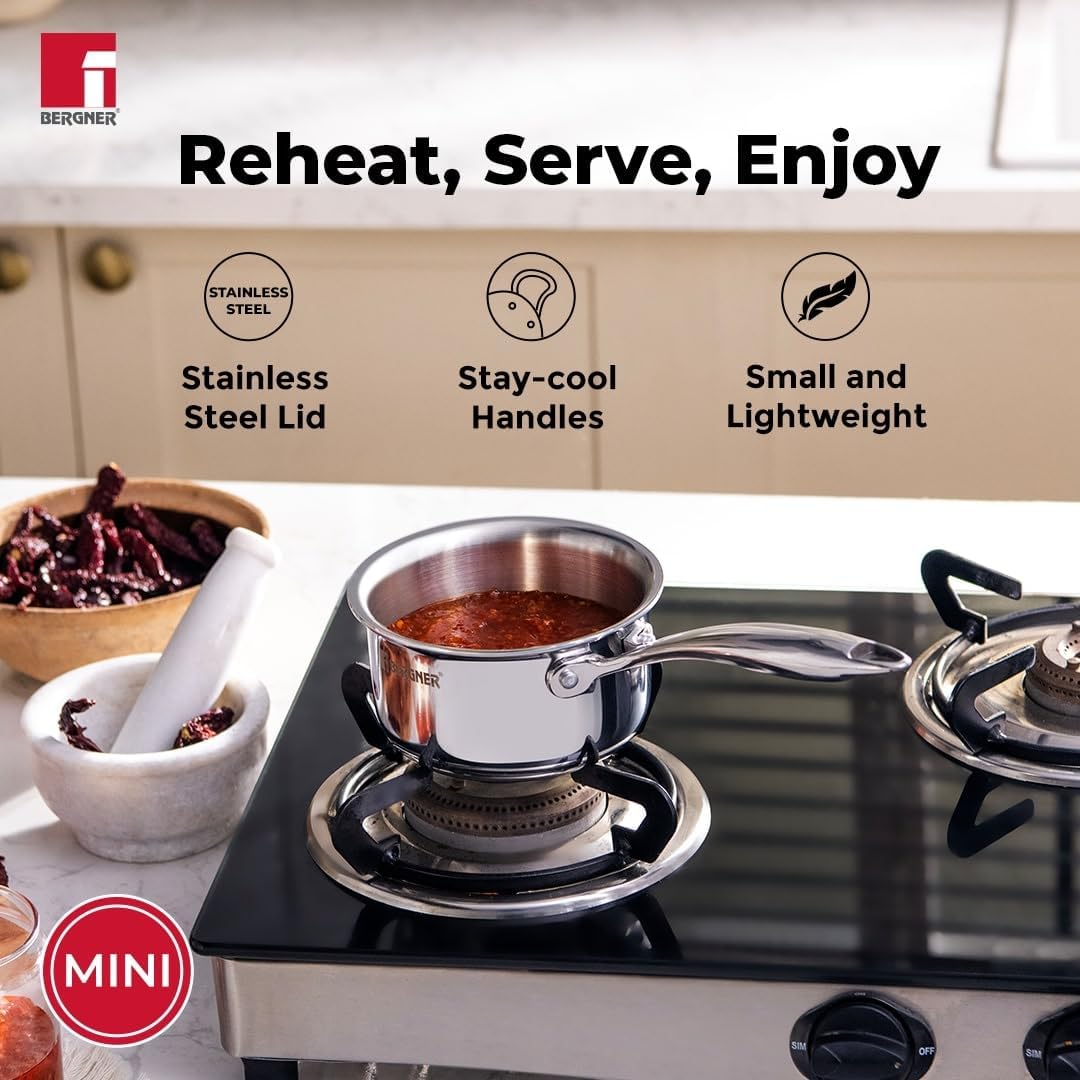 Bergner Argent Junior Chef 5 Pcs TriPly Stainless Steel Set 18cm (1.5L) Kadai with Lid, 18cm Frypan, 12cm (800ml) Saucepan with Lid - Induction Bottom
