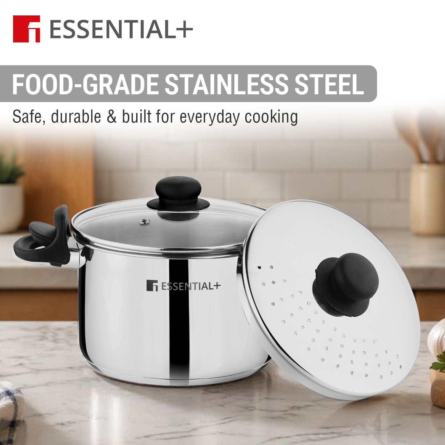 Essential Plus Stainless Steel Rice Strainer Pot 20cm (4L) with Glass Lid
