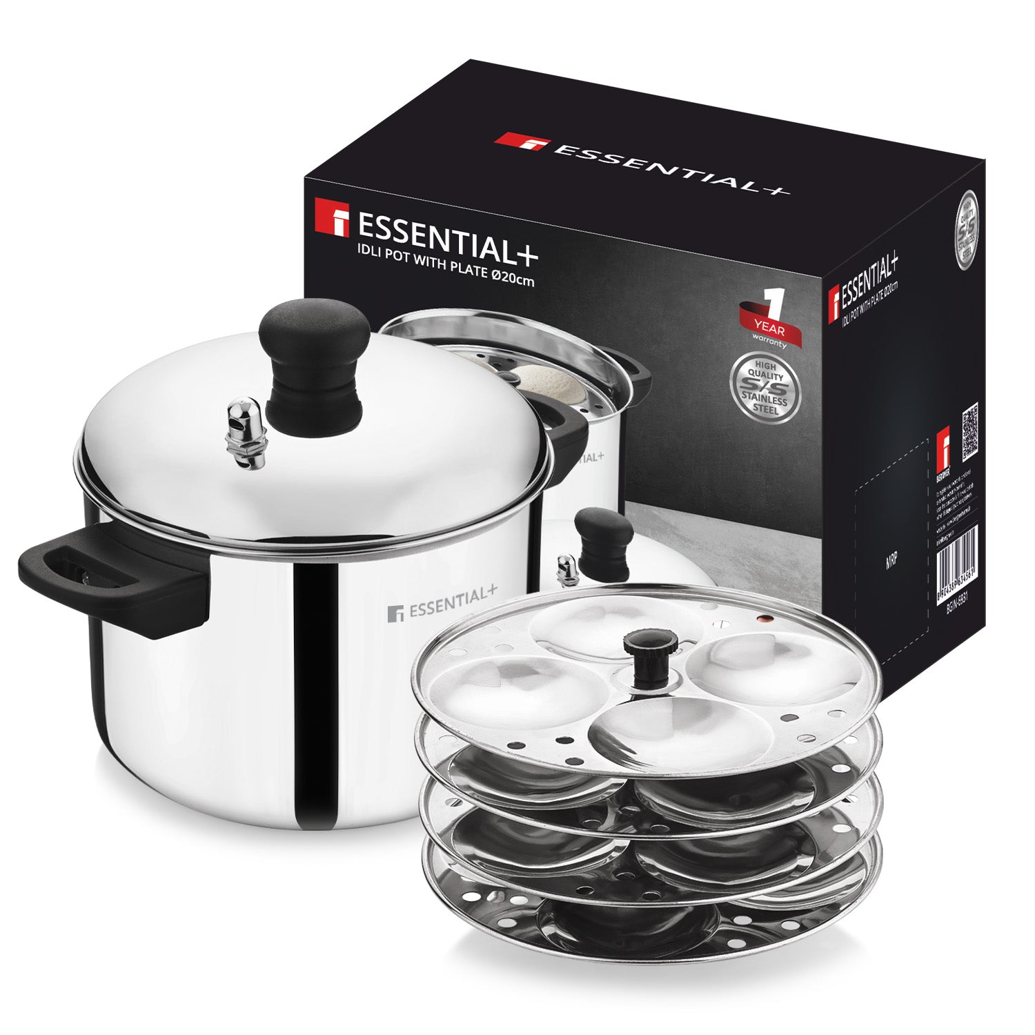 Essential Plus Stainless Steel Idli Pot 20cm Dia (4.3L) with 4 Idli Plates