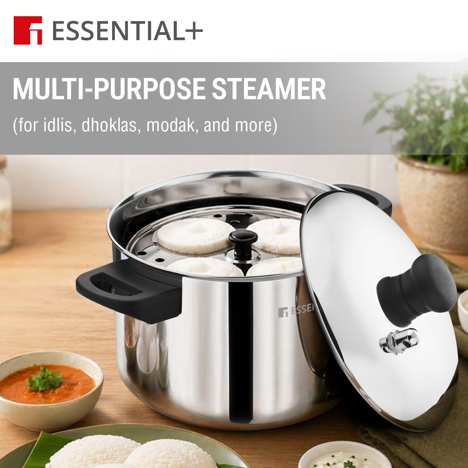 Essential Plus Stainless Steel Idli Pot 20cm Dia (4.3L) with 4 Idli Plates