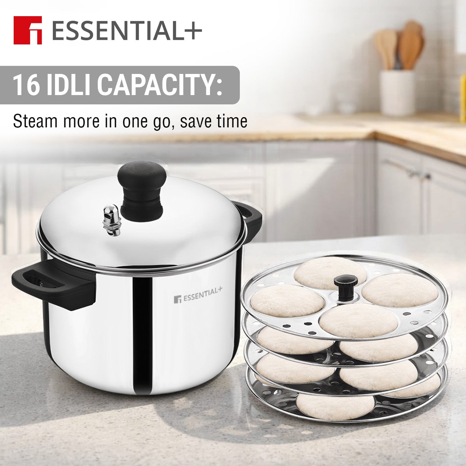 Essential Plus Stainless Steel Idli Pot 20cm Dia (4.3L) with 4 Idli Plates