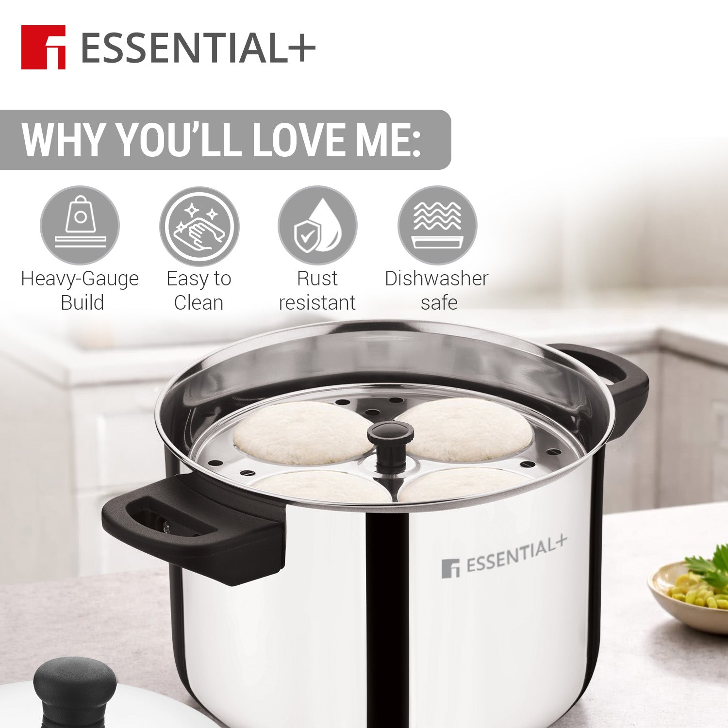 Essential Plus Stainless Steel Idli Pot 20cm Dia (4.3L) with 4 Idli Plates