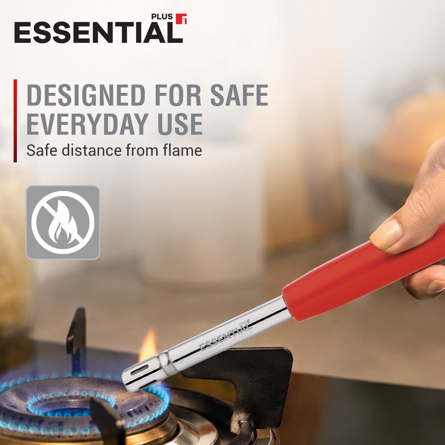 Bergner Essential Plus 20.5cm gas lighter with stainless steel pipe igniting a gas stove flame safely, designed for safe everyday use with safe distance from flame
