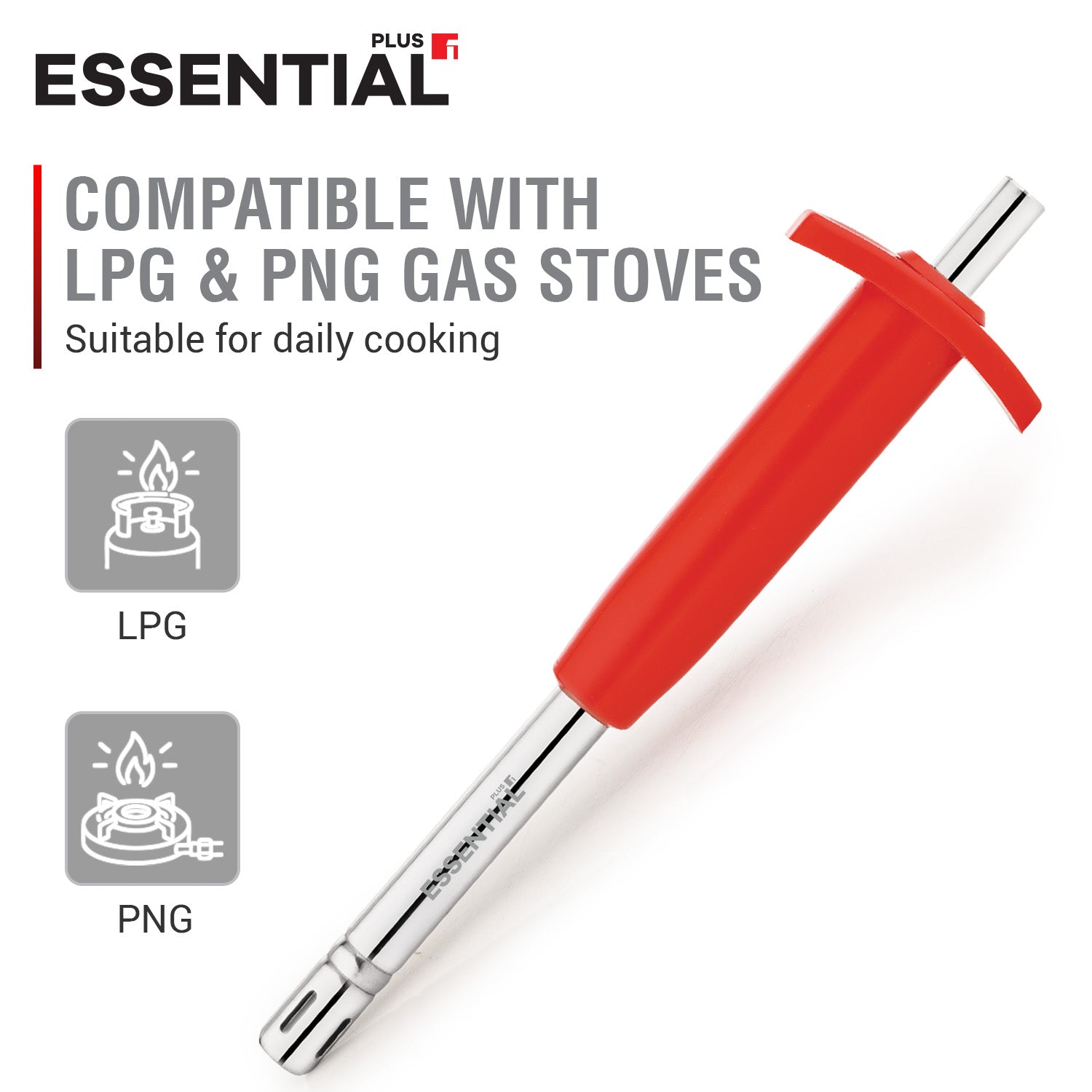 Bergner Essential Plus 20.5cm gas lighter with stainless steel pipe compatible with LPG and PNG gas stoves, suitable for daily cooking