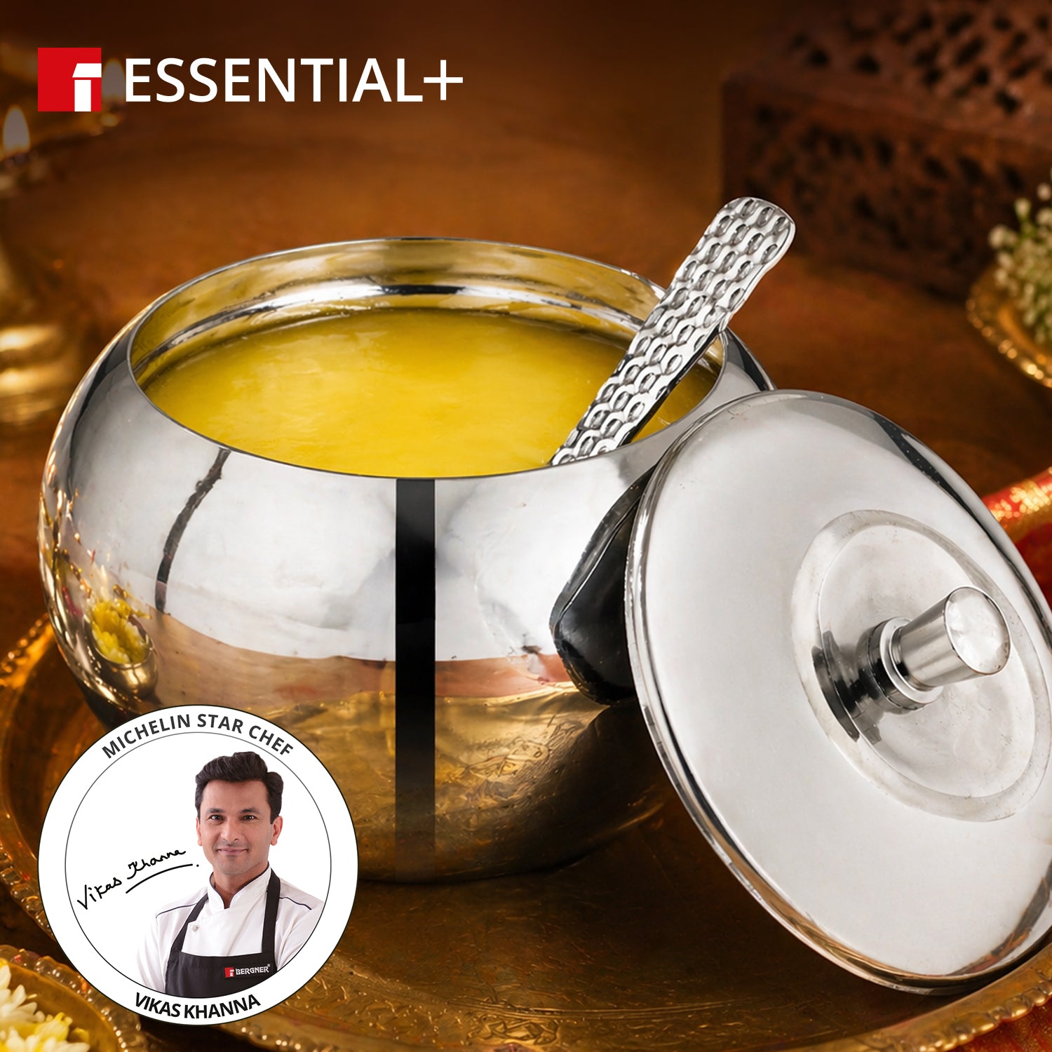 Essential Plus Stainless Steel 9cm Ghee Pot with Lid and Spoon