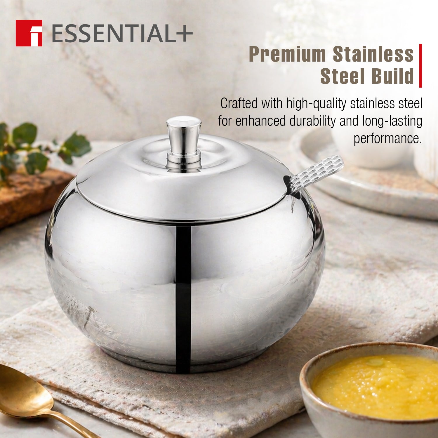 Essential Plus Stainless Steel 9cm Ghee Pot with Lid and Spoon