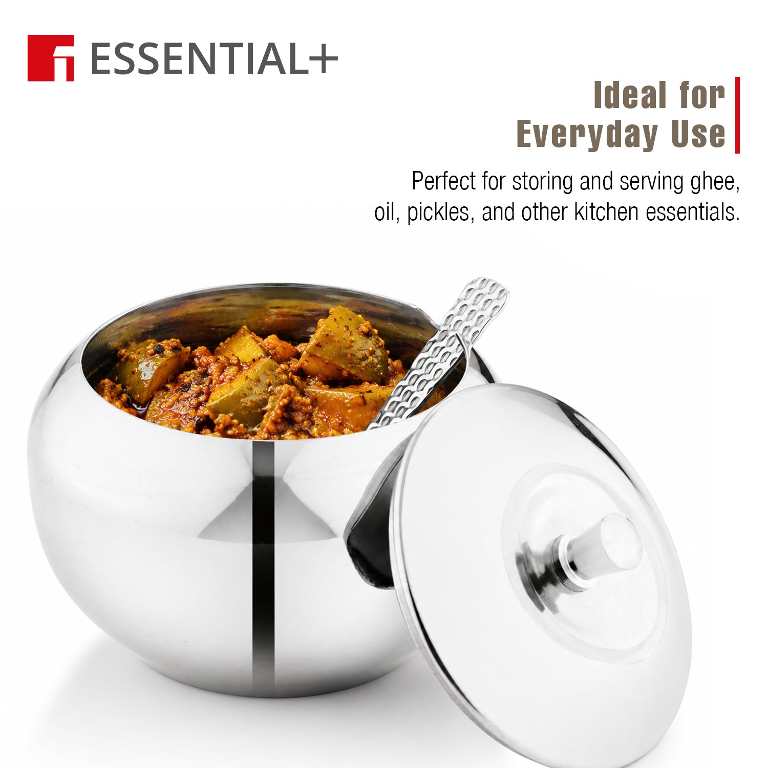 Essential Plus Stainless Steel 9cm Ghee Pot with Lid and Spoon