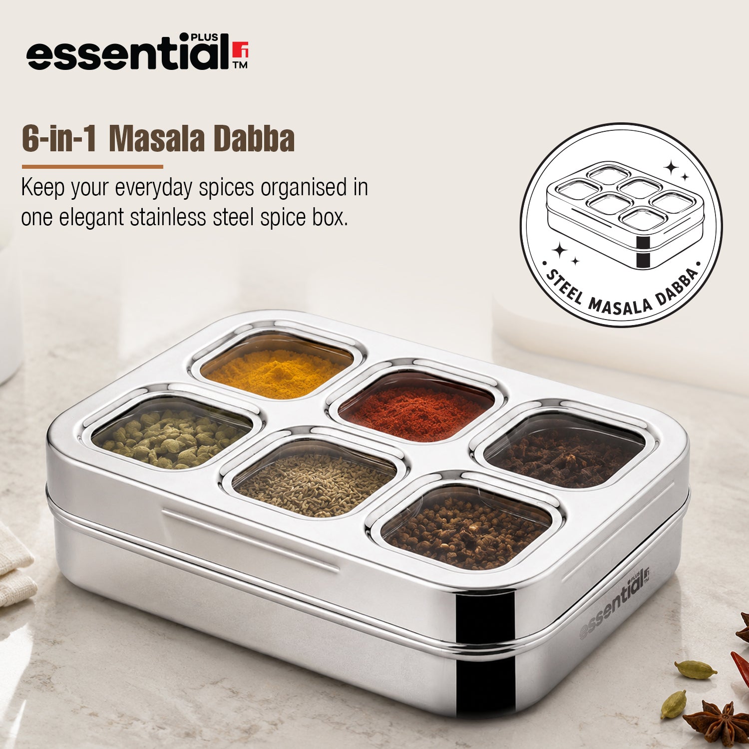 Essential Plus Stainless Steel 6 in 1 | 24.5cm (150ml) with Clear Lid