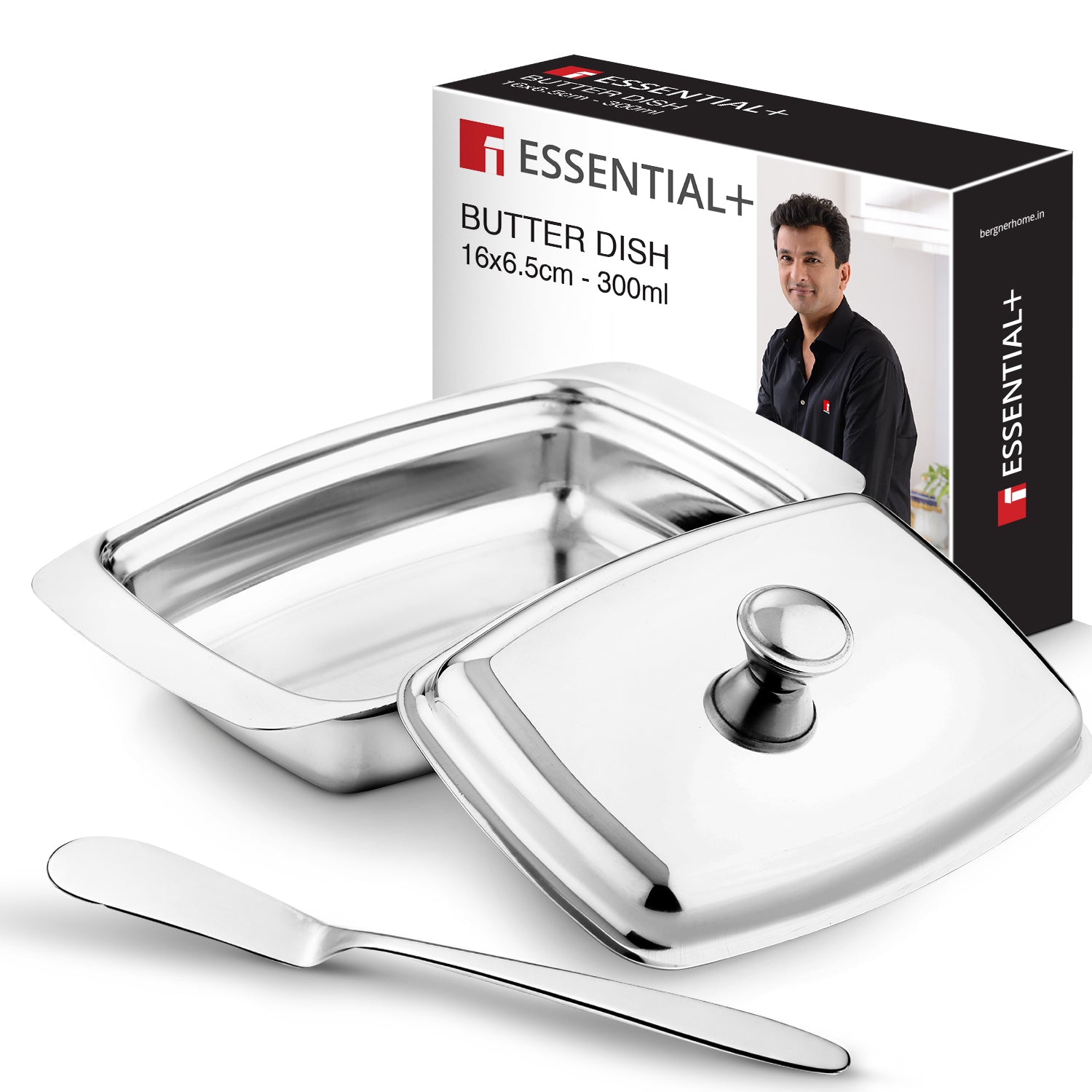 Essential Plus Stainless Steel Butter Dish with Lid and Additional Butter Knife