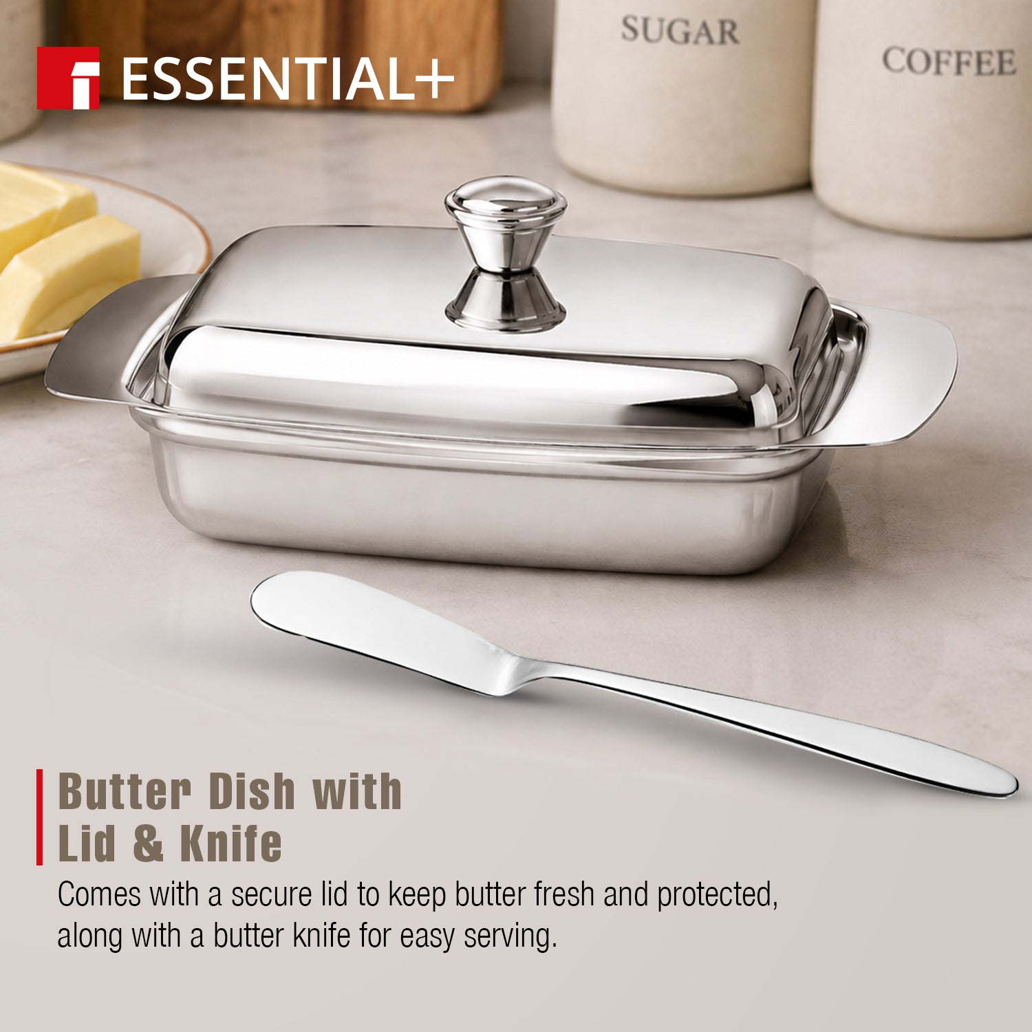 Essential Plus Stainless Steel Butter Dish with Lid and Additional Butter Knife