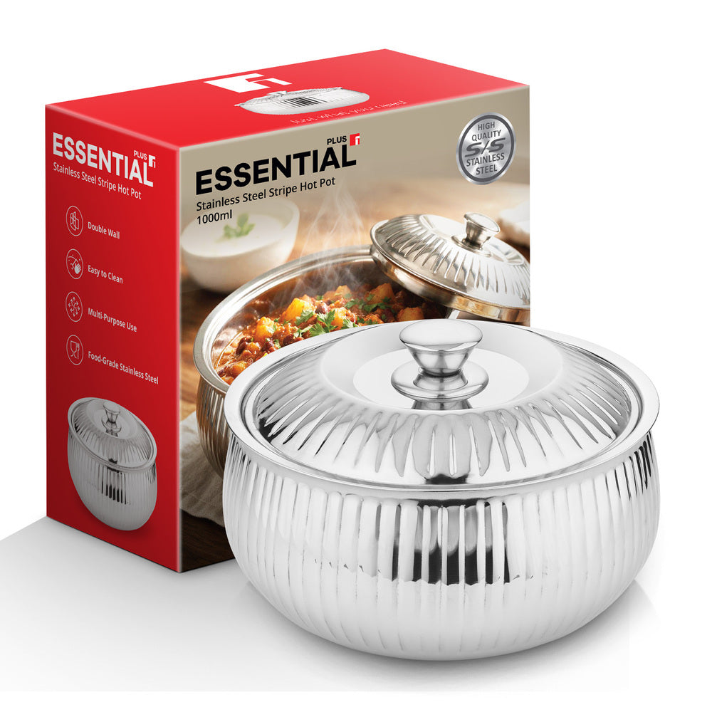 Essential Plus Stainless Steel Stripe Double Wall Insulated Hot Pot (Casserole) 1000ml