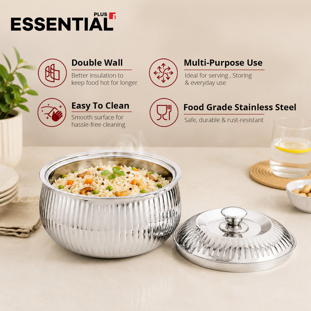 Essential Plus Stainless Steel Stripe Double Wall Insulated Hot Pot (Casserole) 1000ml