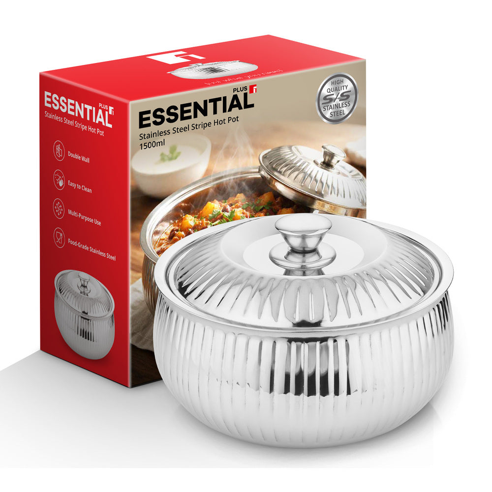 Essential Plus stainless steel stripe hot pot, 1500ml, with a ribbed design and matching stainless steel lid, shown alongside its red and white product packaging. The hot pot features a polished finish and a knob-style lid handle.