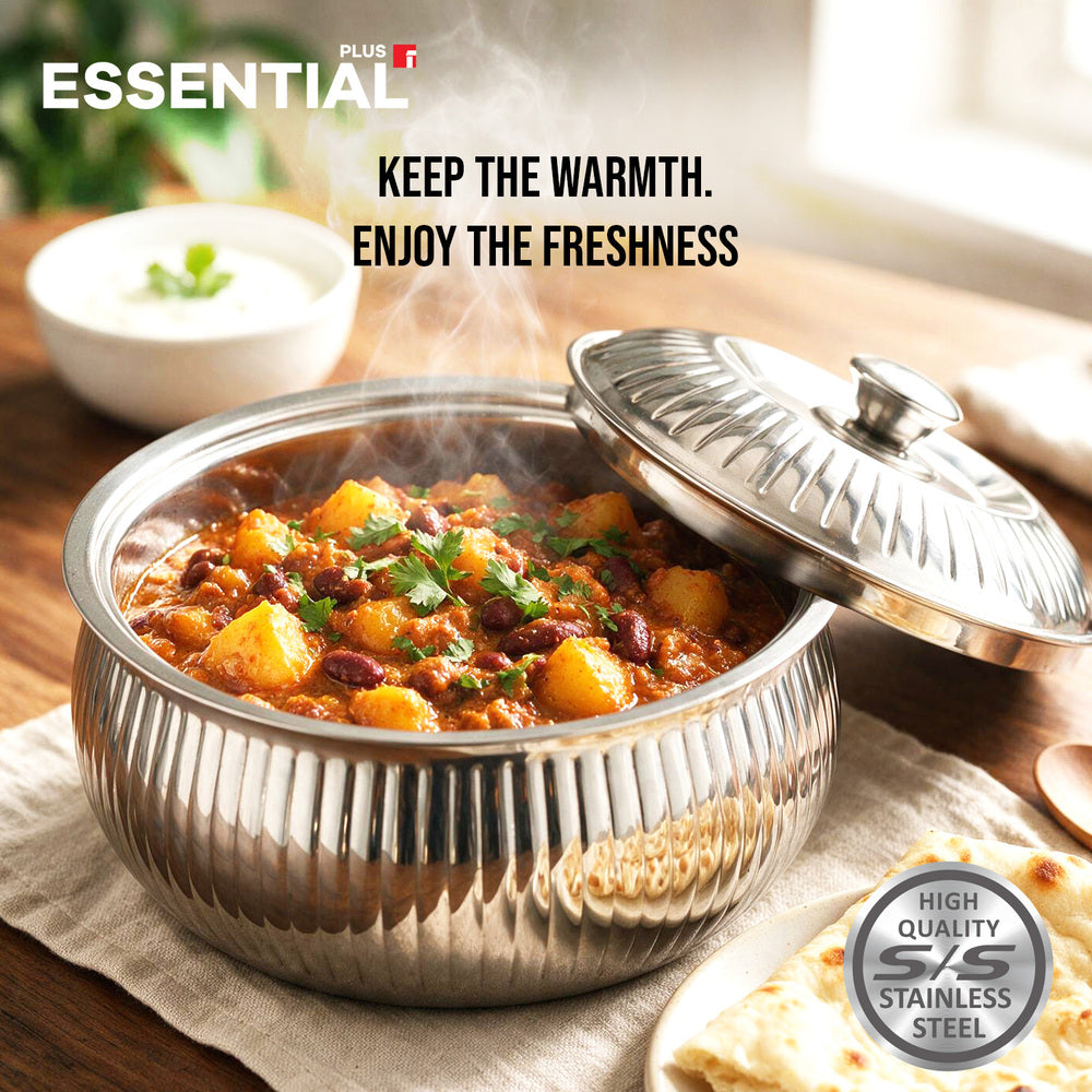Essential Plus 1500ml stainless steel stripe hot pot filled with a hot vegetable curry and covered with a partially open ribbed lid, highlighting heat and freshness retention.