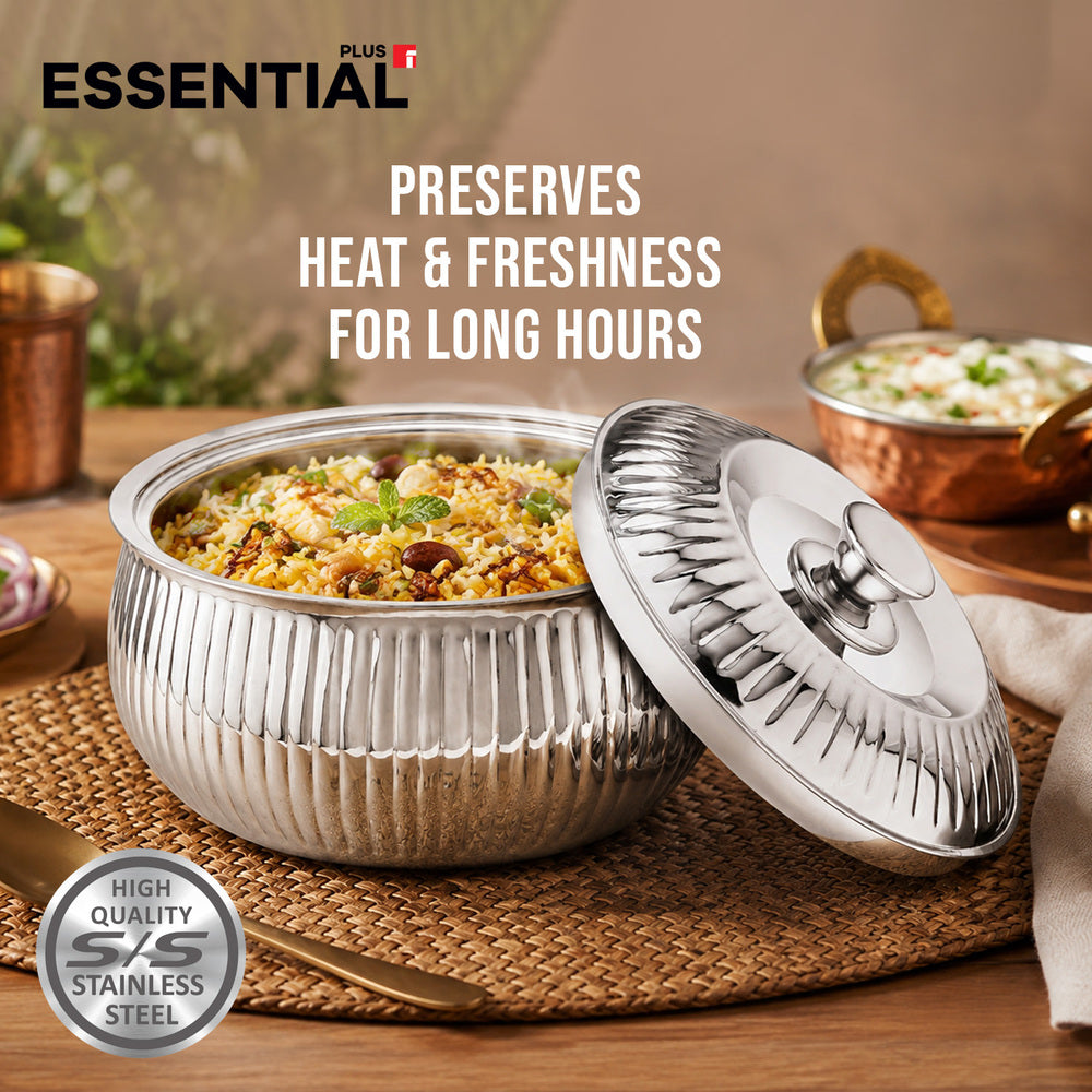 Essential Plus 1500ml stainless steel stripe hot pot filled with biryani, featuring a ribbed stainless steel body and lid, highlighting heat and freshness retention for long hours.